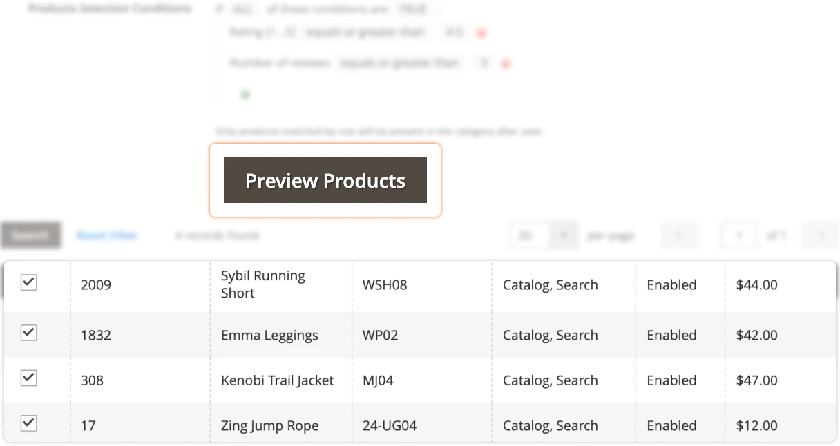 Previewing the category products in Mirasvit Dynamic Categories Magento 2 extension