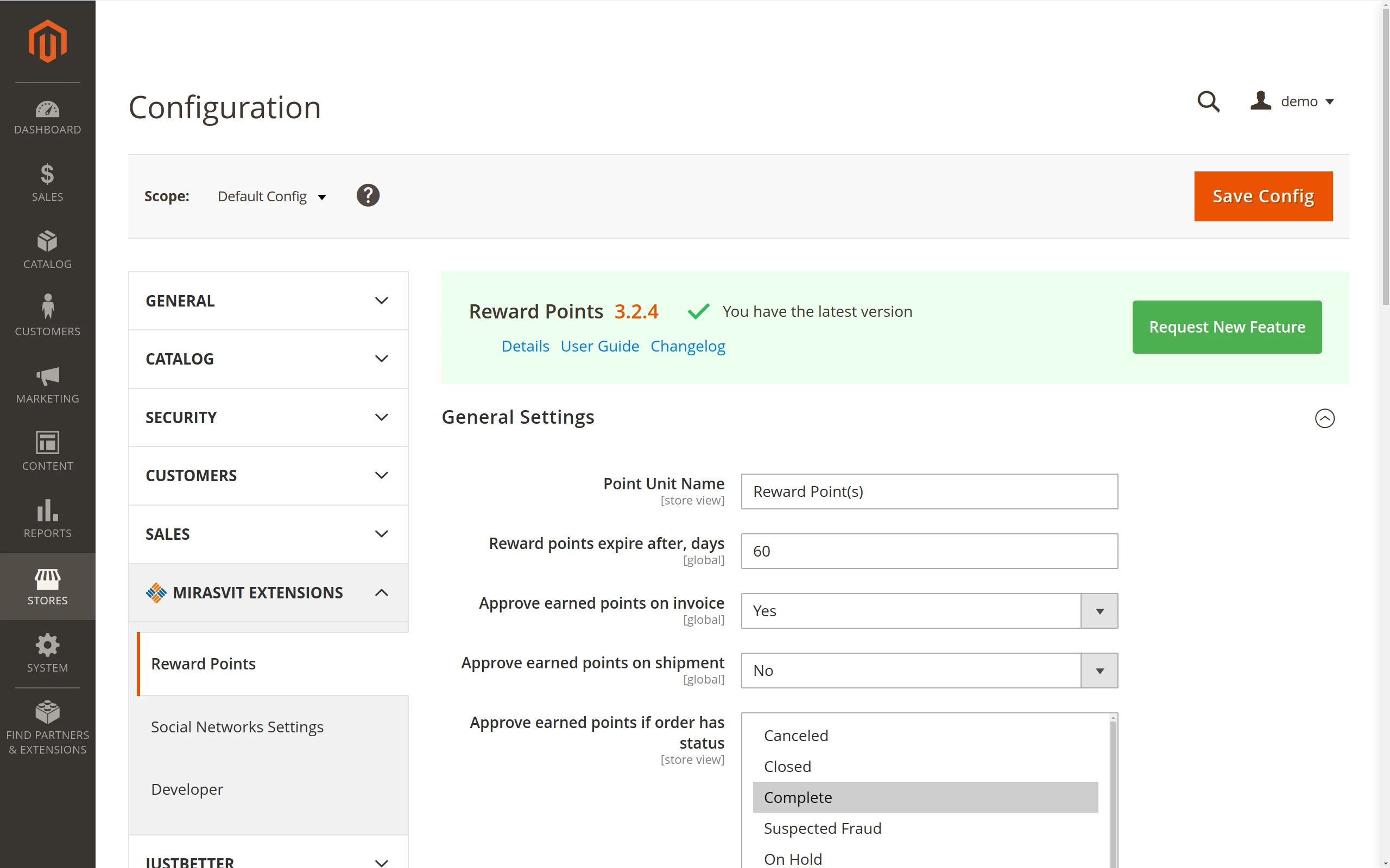 Customizing the general settings of Mirasvit Magento Customer Reward Points extension