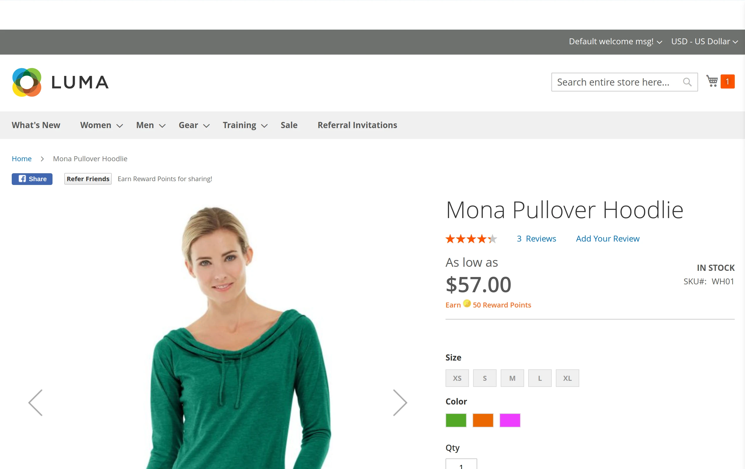Referral link on the product page added by Mirasvit Magento Customer Reward Points extension