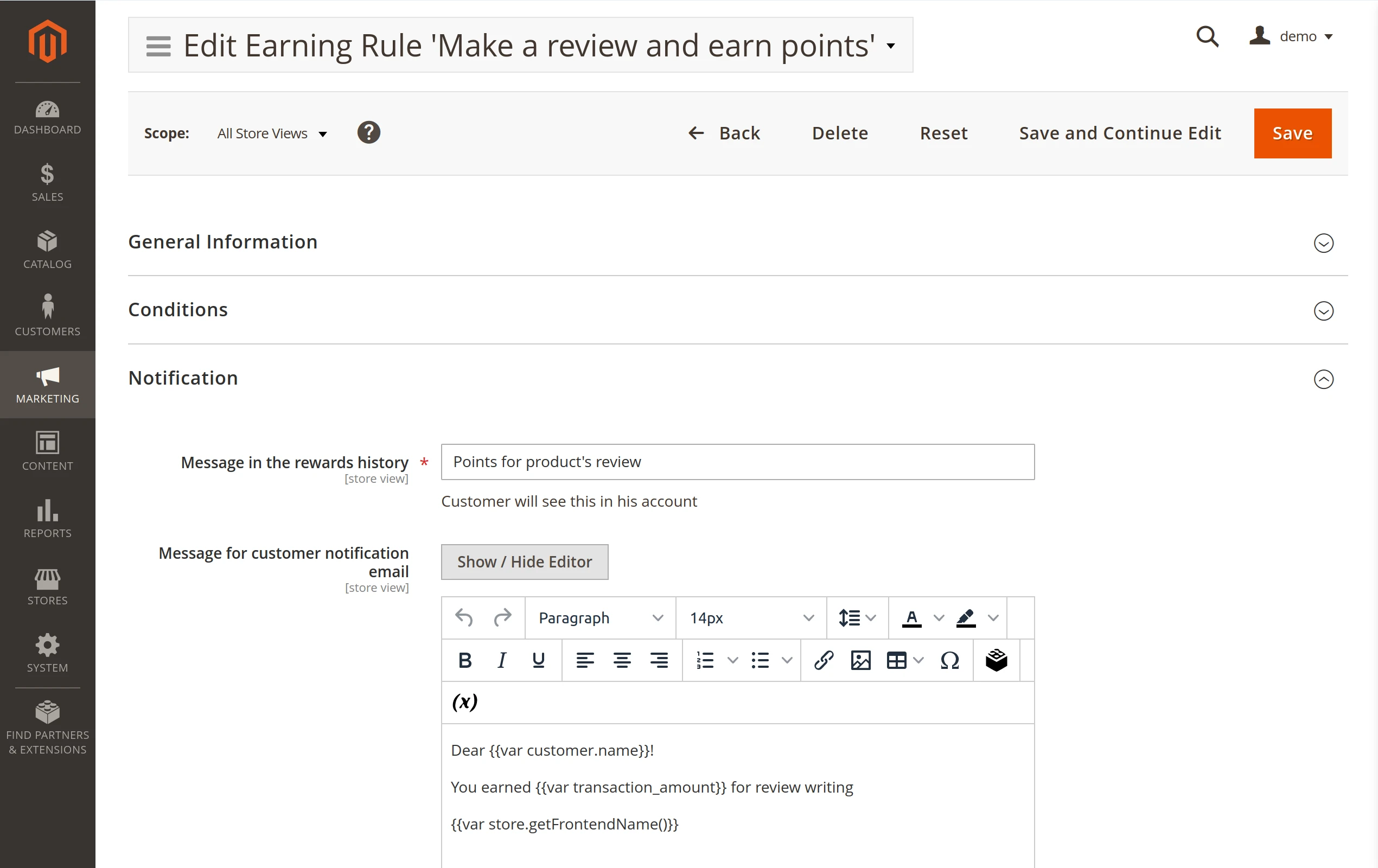 Customizing a notification message for an earning rule in Mirasvit Magento 2 Loyalty Program extension