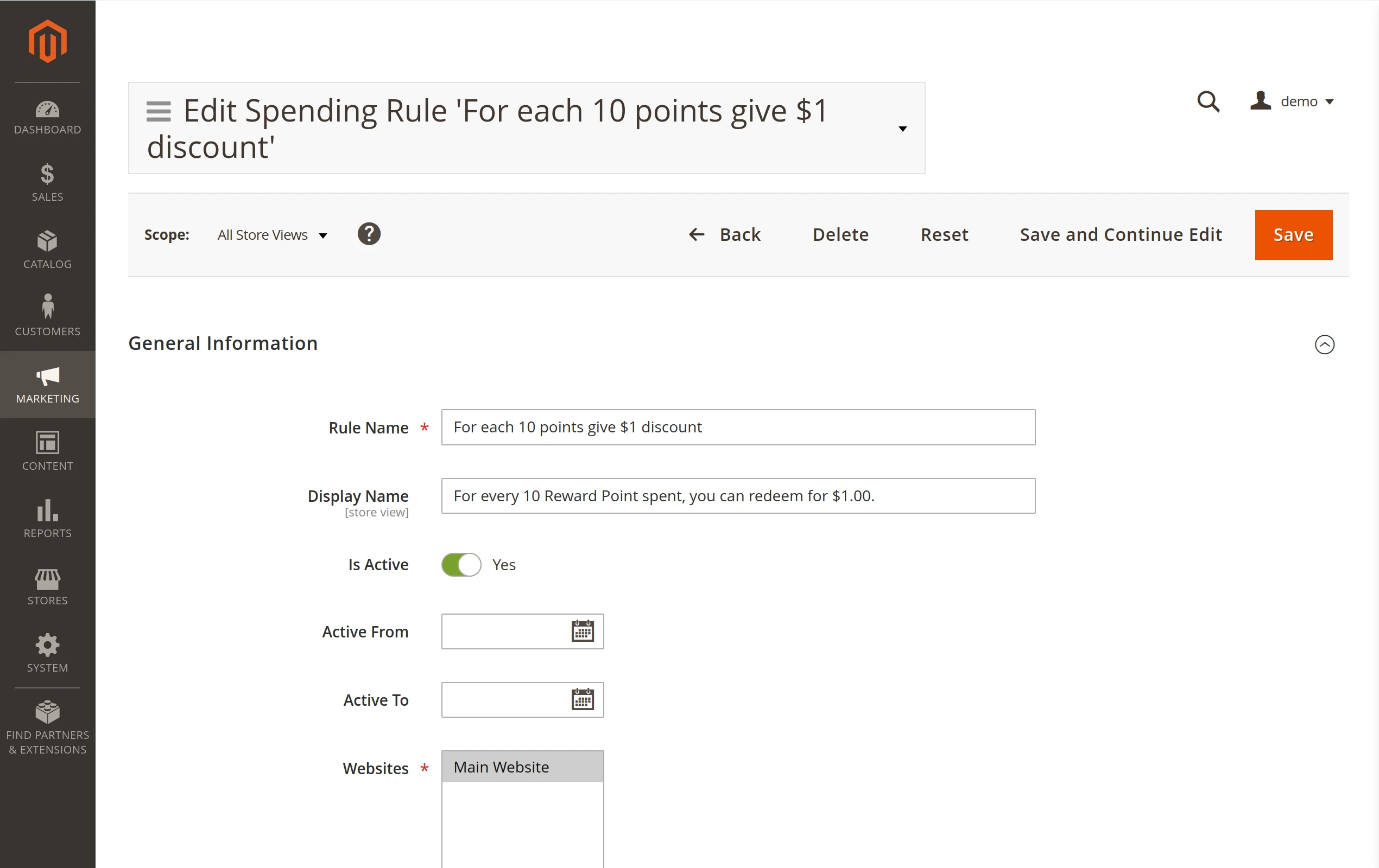Customizing a spending rule's general settings in Mirasvit Reward Points for Magento 2