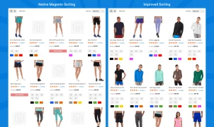 A comparison of sorting with Mirasvit Magento 2 Improved Sorting extension and sorting with default Magento 2 options.