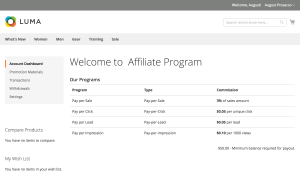 Affiliate account: programs, commission rates and minimum payout