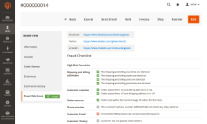Fraud Risk Score tab on the order page: the result of every check