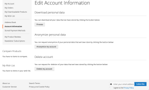 Download, anonymize or delete personal data from the customer account