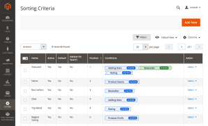 Sorting criteria list in the admin panel of Mirasvit Magento 2 Improved Sorting.