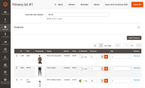 Kit items with discounts, optional switches and a price pattern