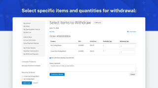 Choosing items, quantities, shipping and an optional reason