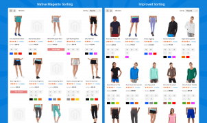 A comparison of sorting with Mirasvit Magento 2 Improved Sorting extension and sorting with default Magento 2 options.