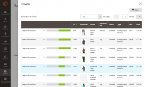Previewing the way a ranking factor arranges products in Mirasvit Magento 2 Improved Sorting module.