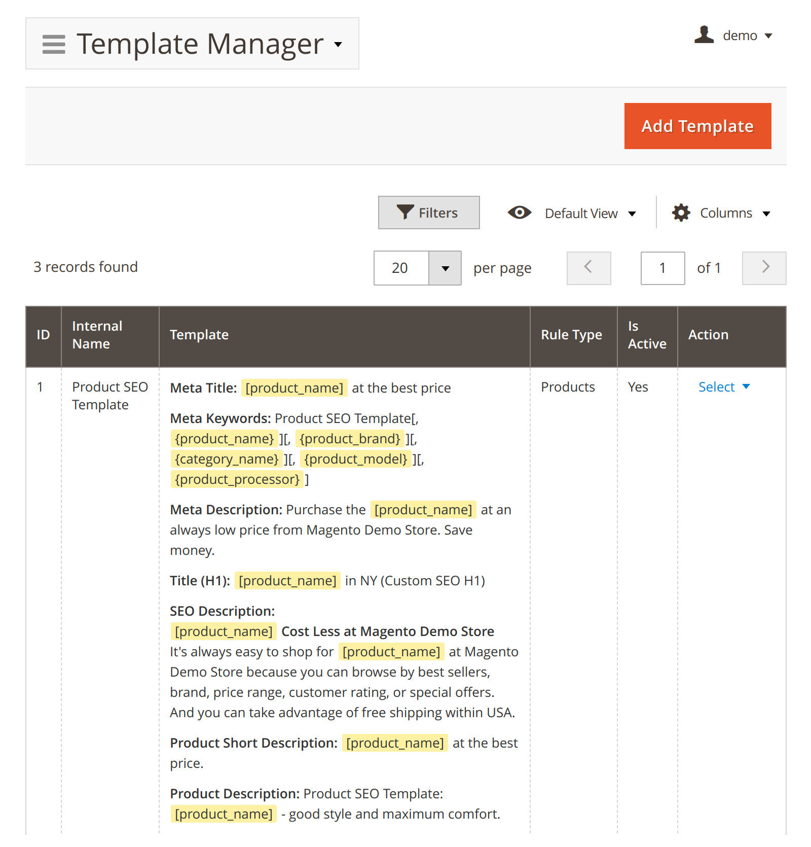 Meta Tag Template in Mirasvit Advanced SEO Suite module for Magento 2