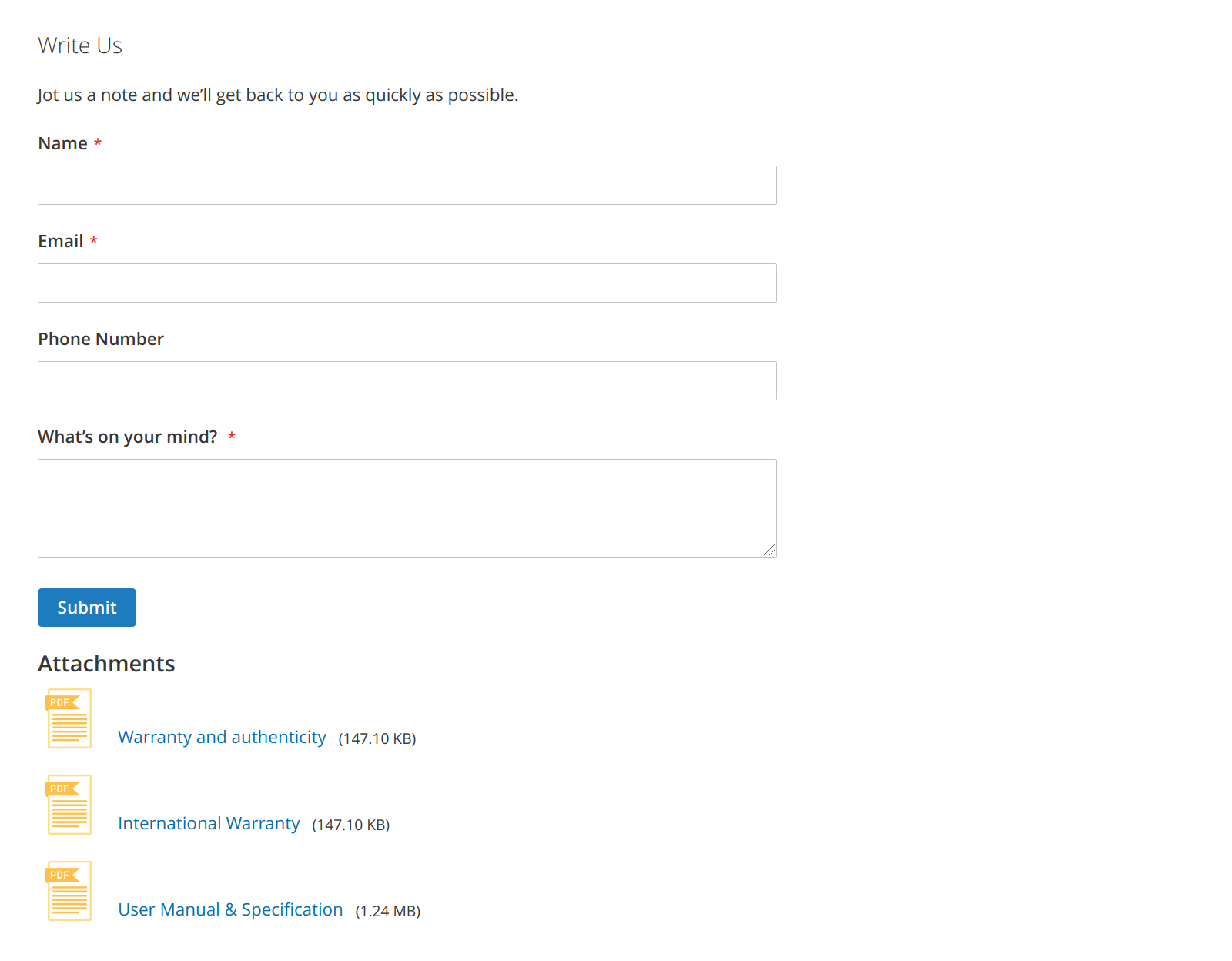Magento 2 contact page with Mirasvit Product Attachment module's attachments