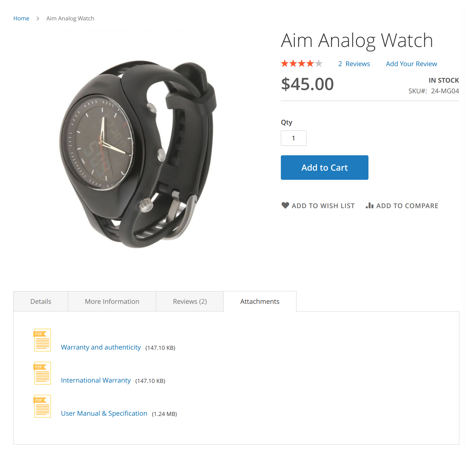 Magento 2 product page with Mirasvit Product Attachment module's attachments