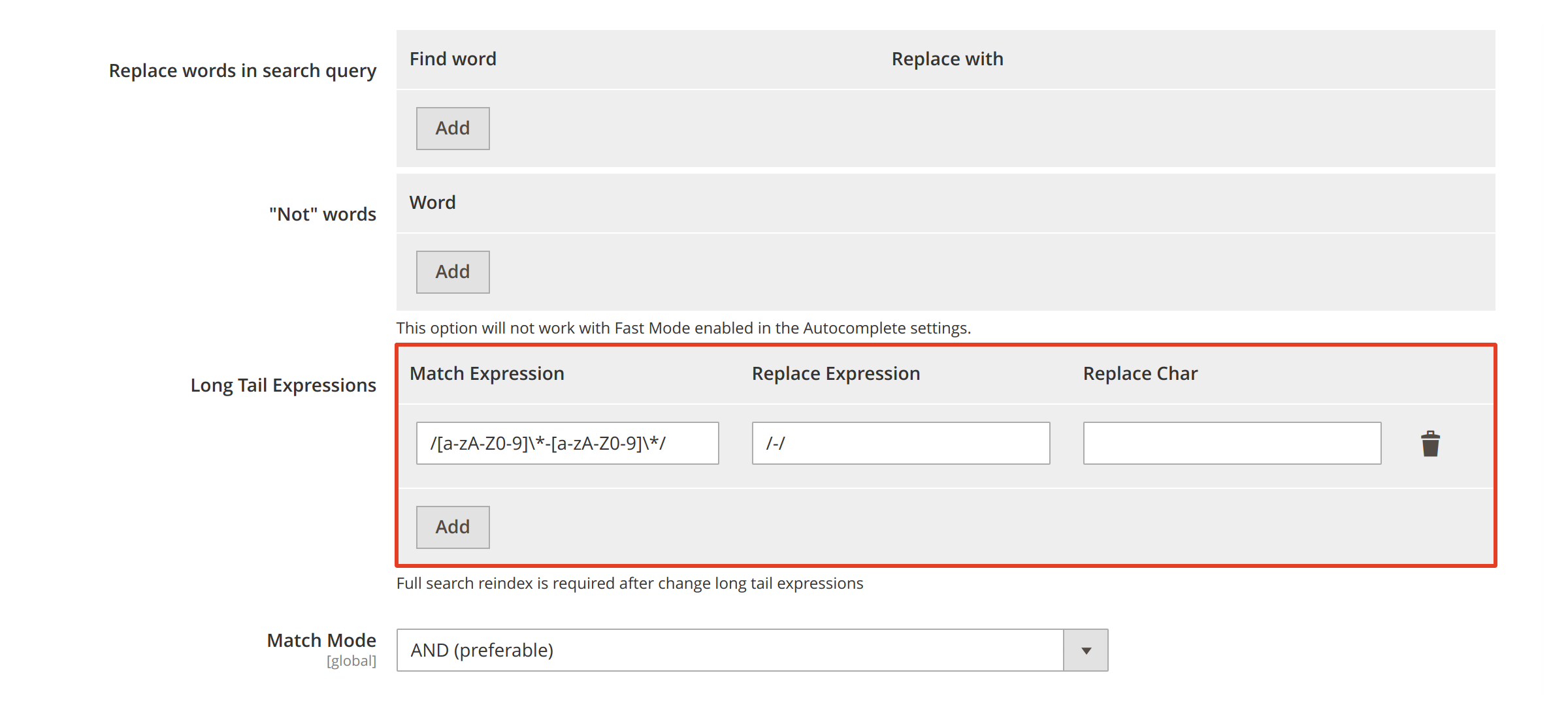 An example of a long tail search expression in Mirasvit Magento 2 search modules.