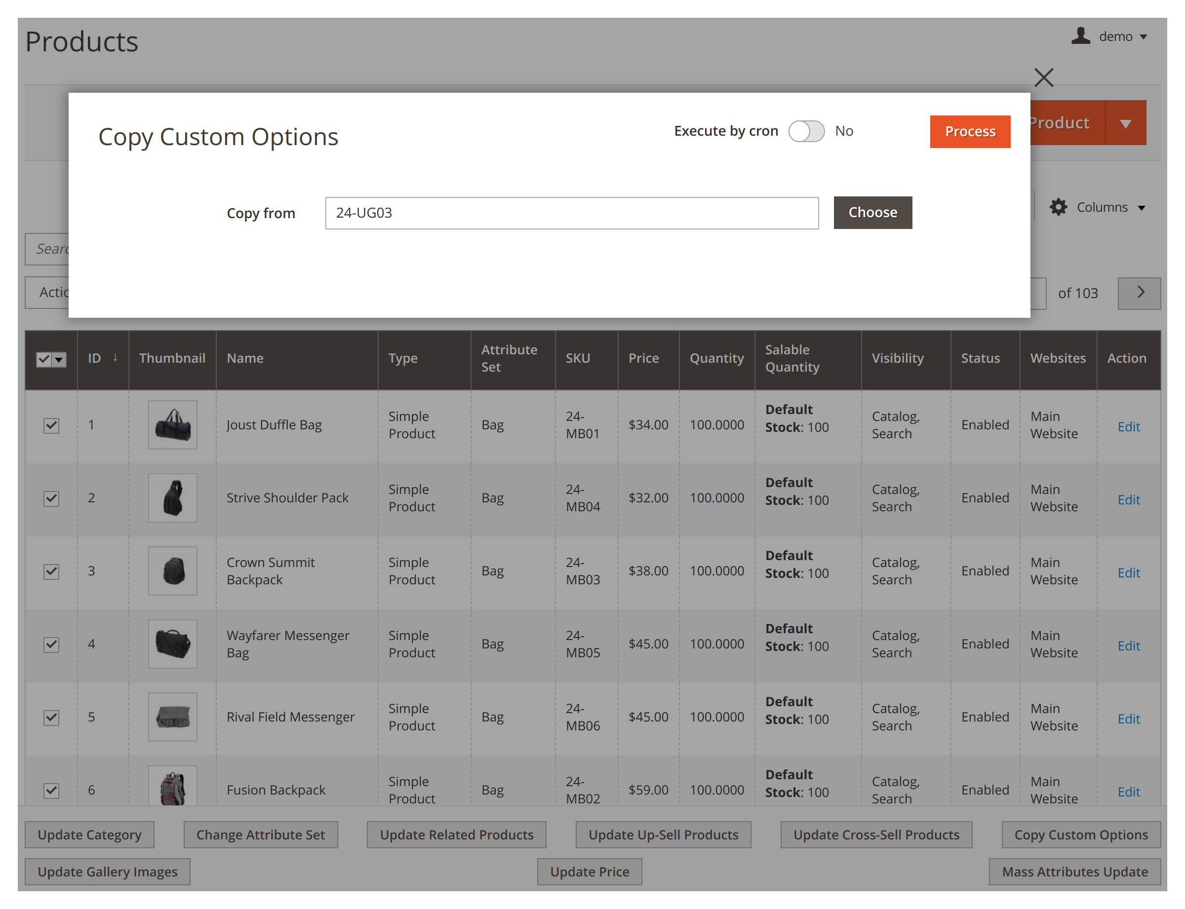 Copying custom options in bulk in Mirasvit Mass Product Actions Magento 2 module.