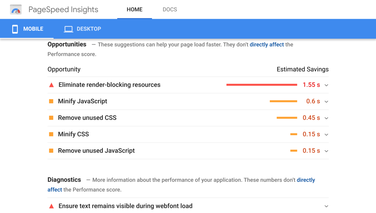 Pagespeed Insights Mobile Suggestions