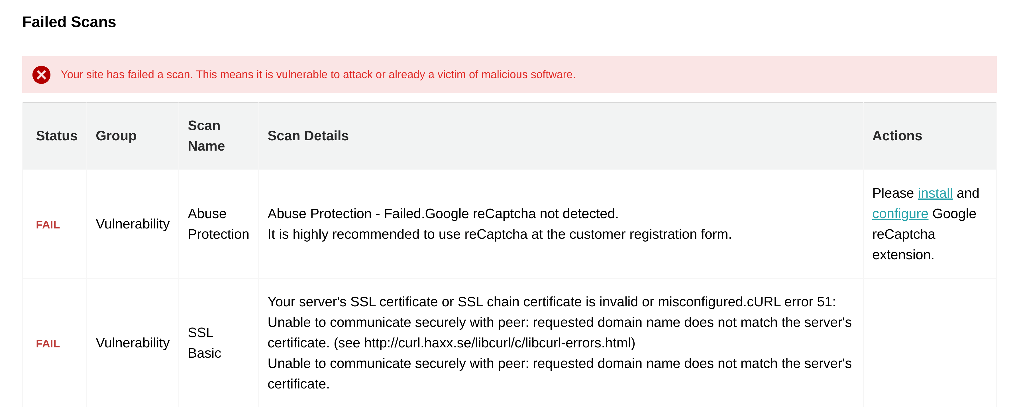 Failed Scans section of the Adobe Security Scan report