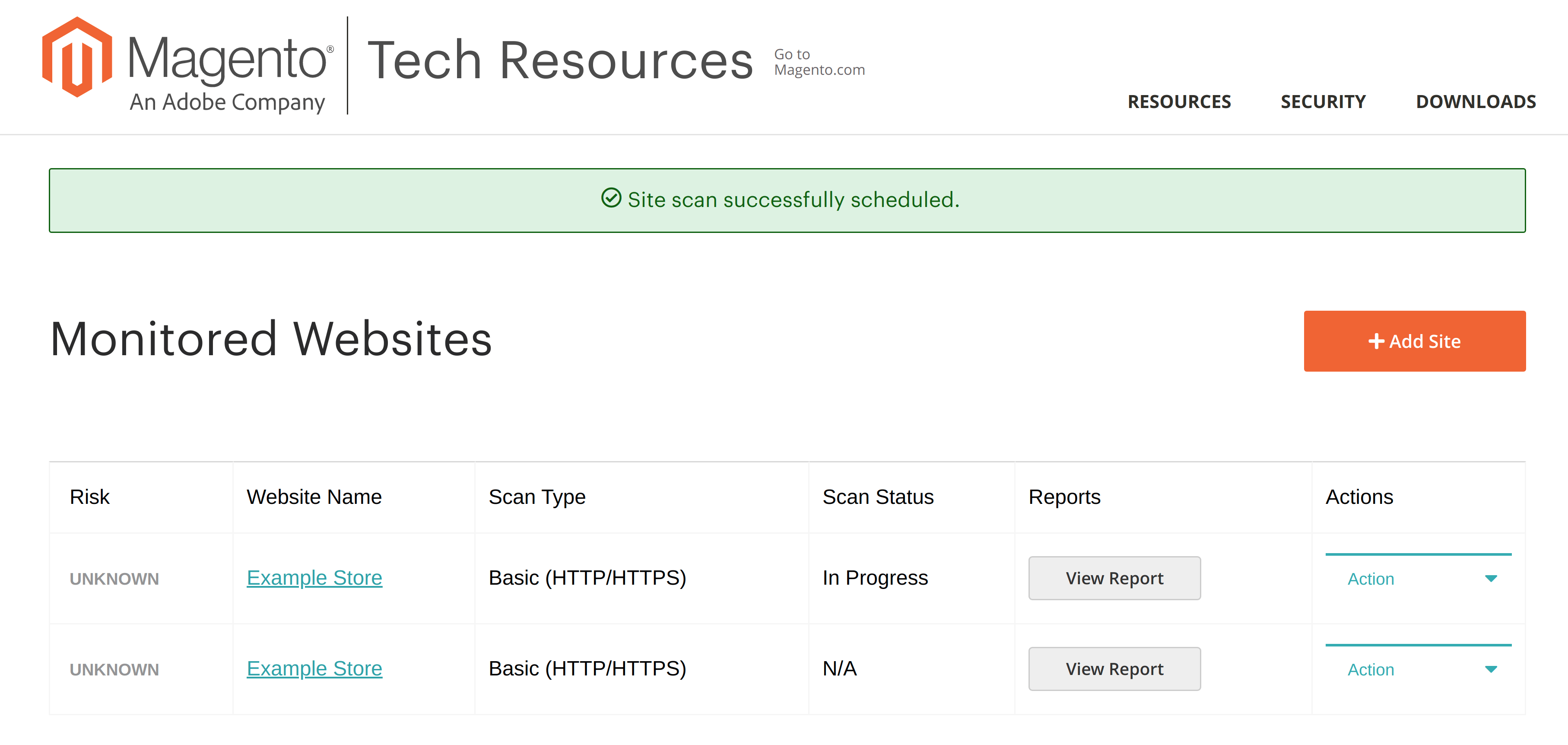 Monitored websites list showing scan status and risk