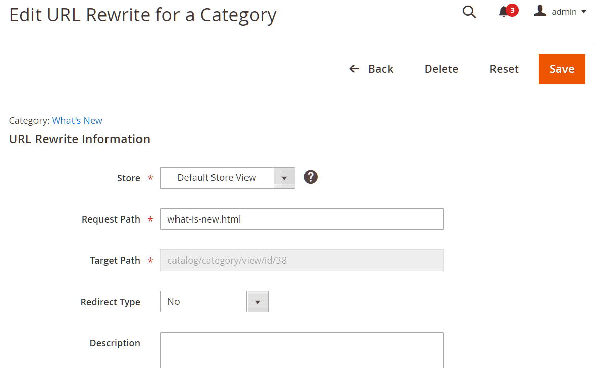 The rewrite menu lets you edit the store view, description, request, and target path