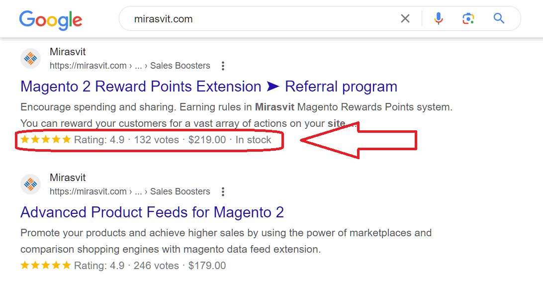 Rich snippet that contains rating, item’s price, and stock info