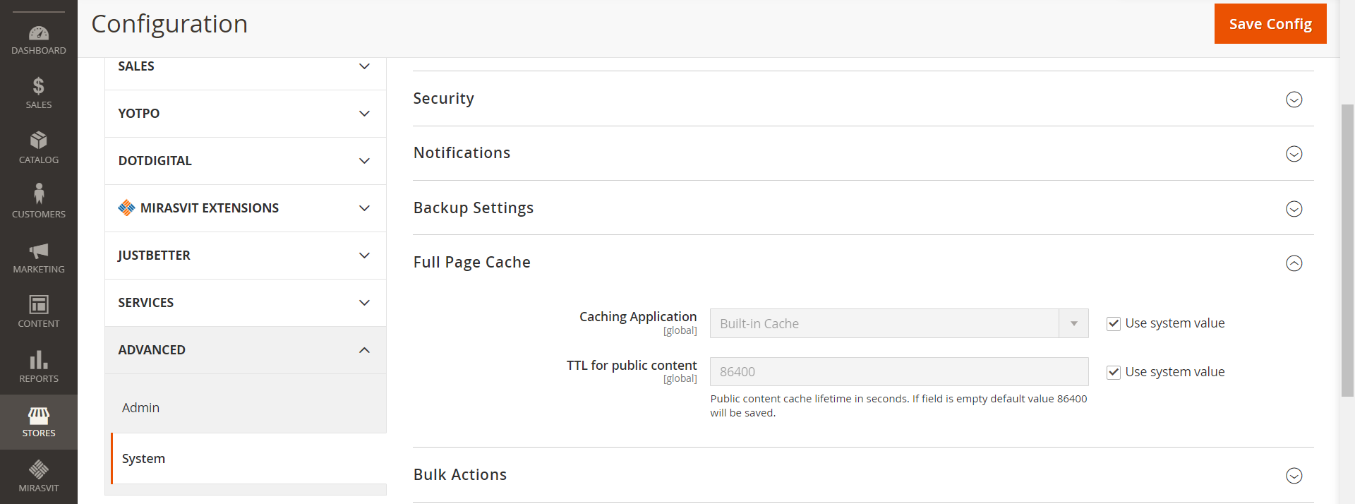 Magento admin Full Page Cache settings under Stores Configuration Advanced System