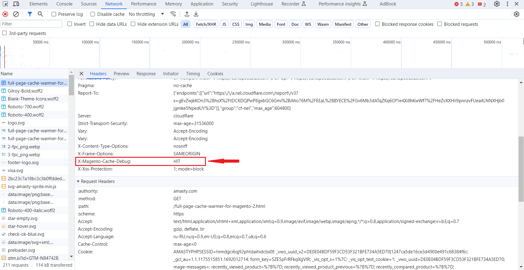 X-Magento-Cache-Debug response header showing HIT or MISS in the Network tab
