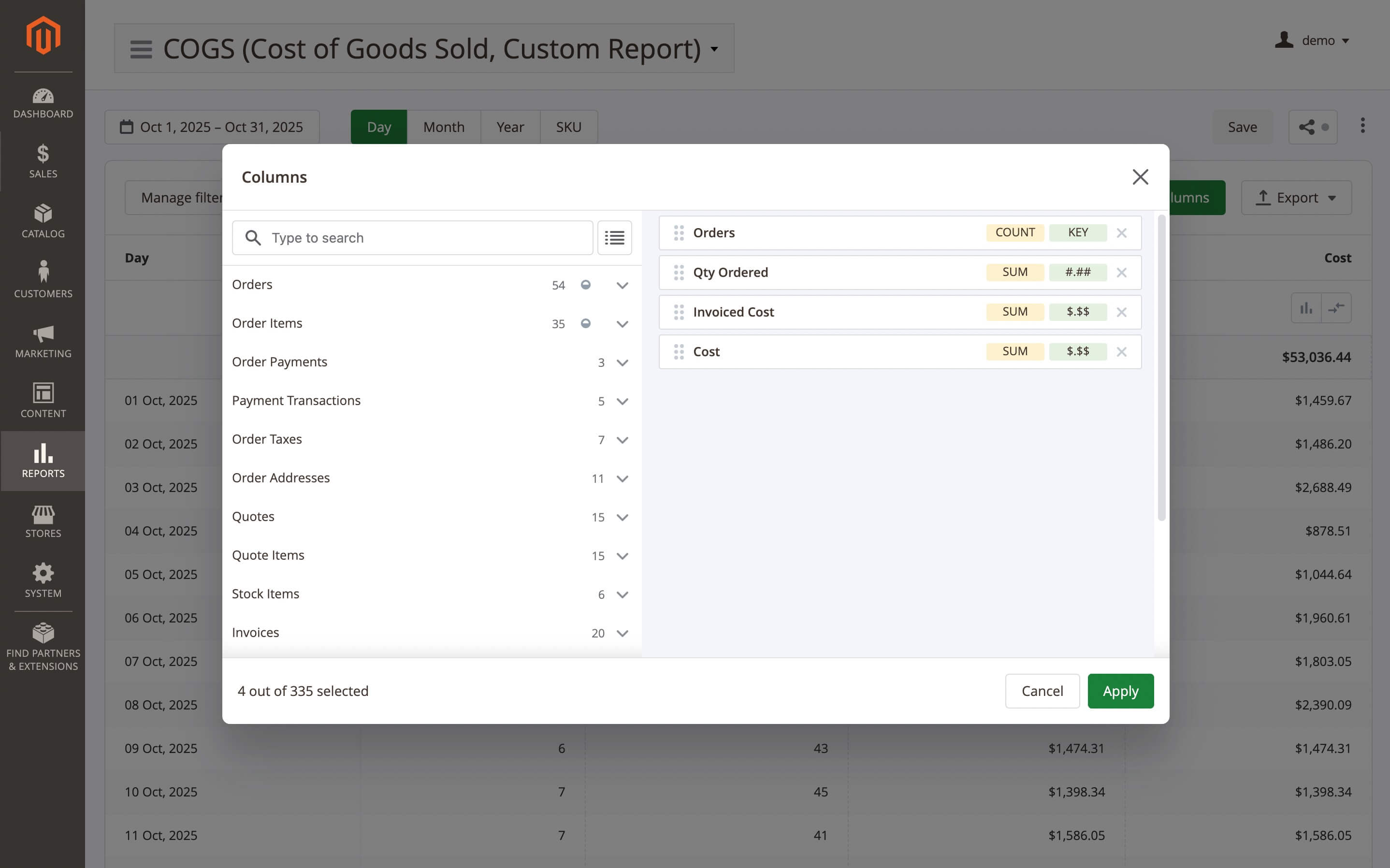 COGS custom reports