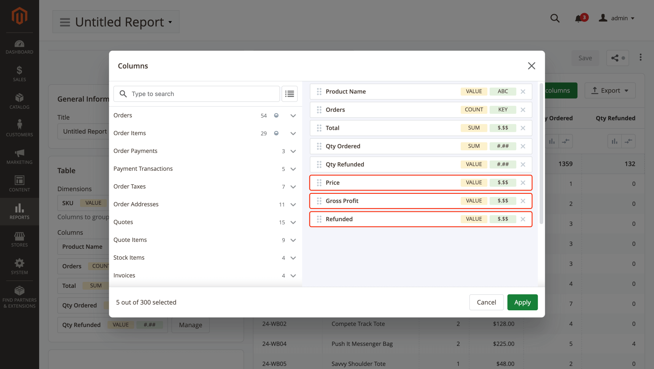 New Columns for Price, Gross Profit, Refunded