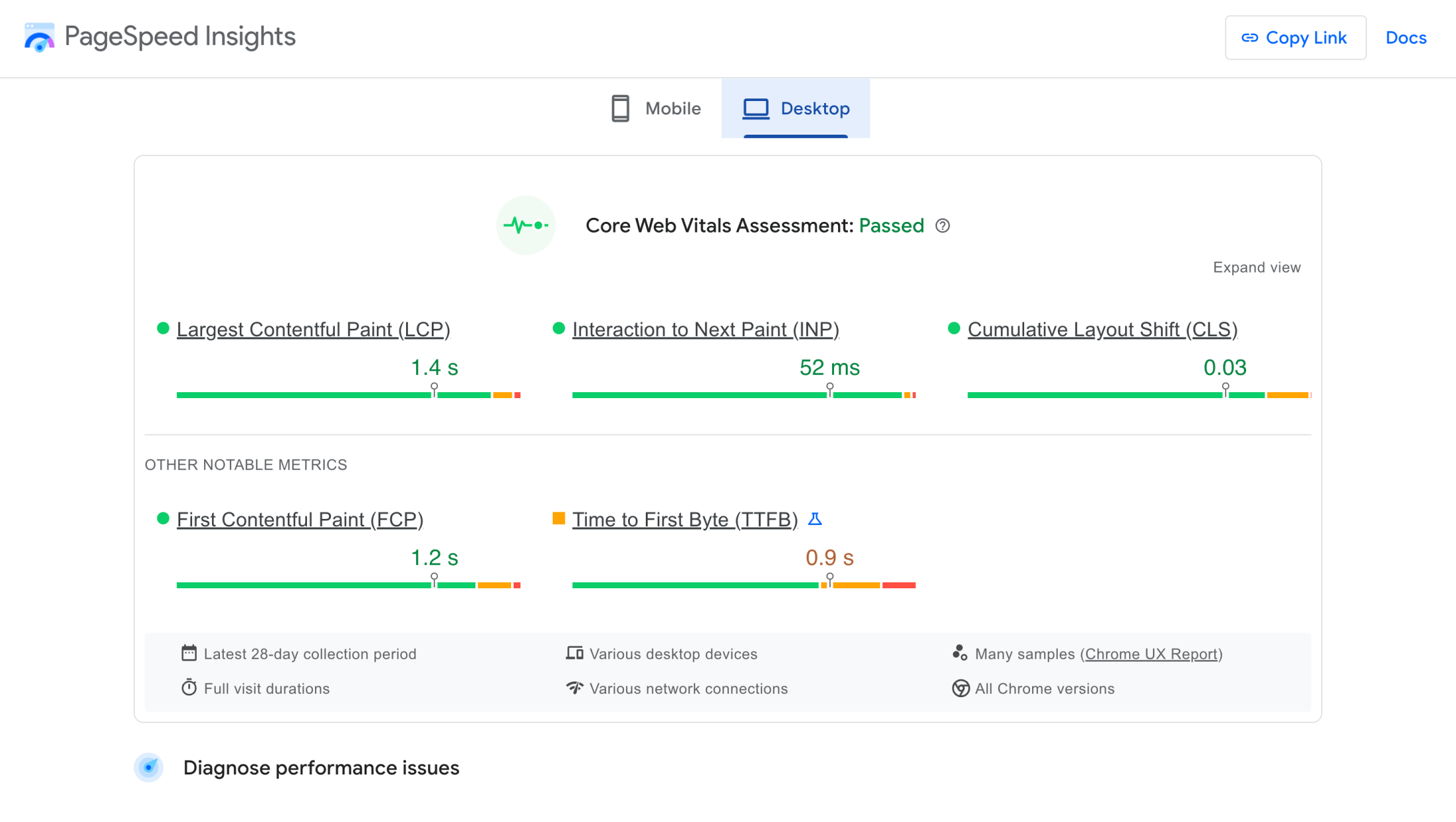 Google PageSpeed Metrics Results