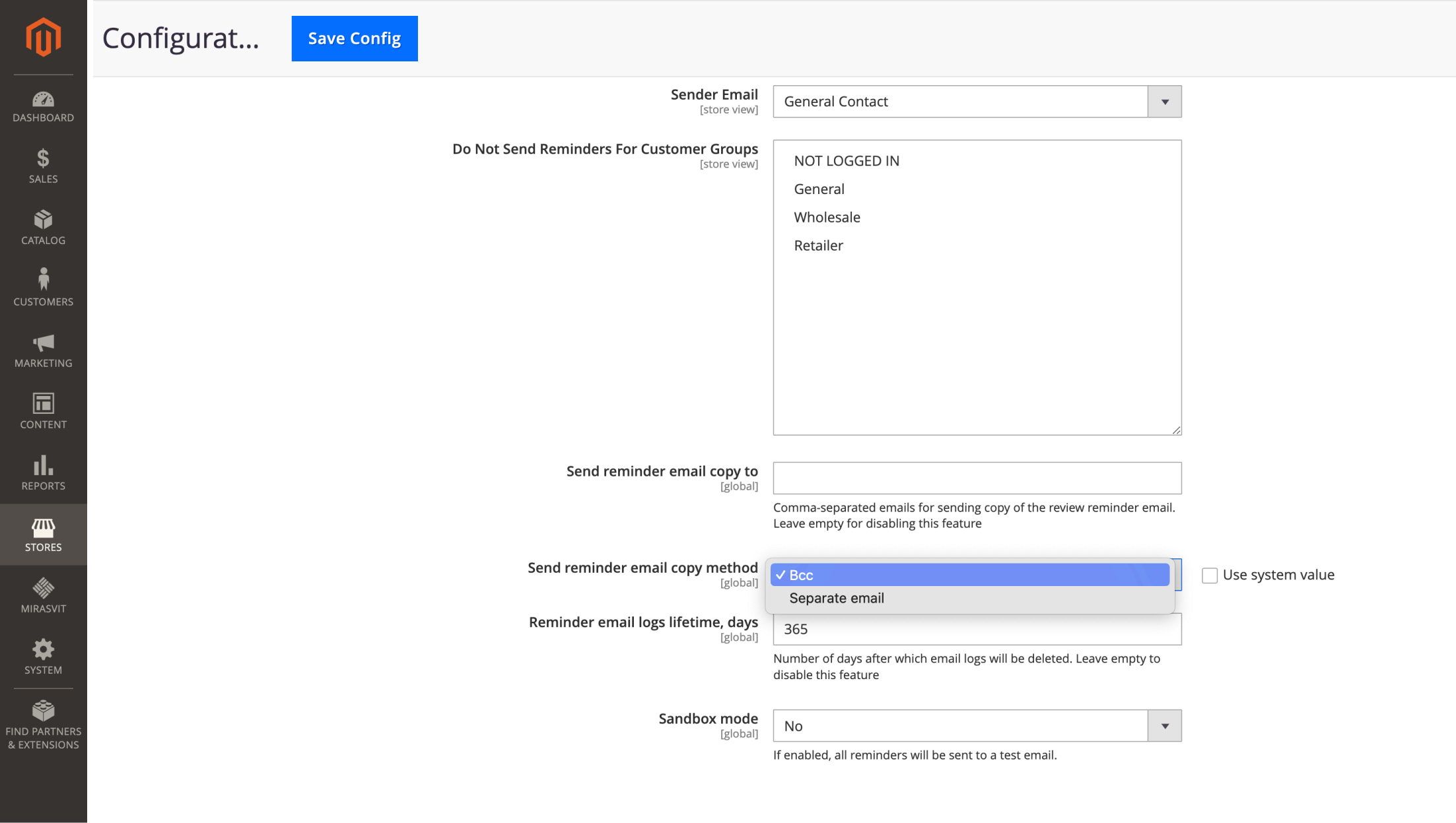 Ability to send review reminder email copy