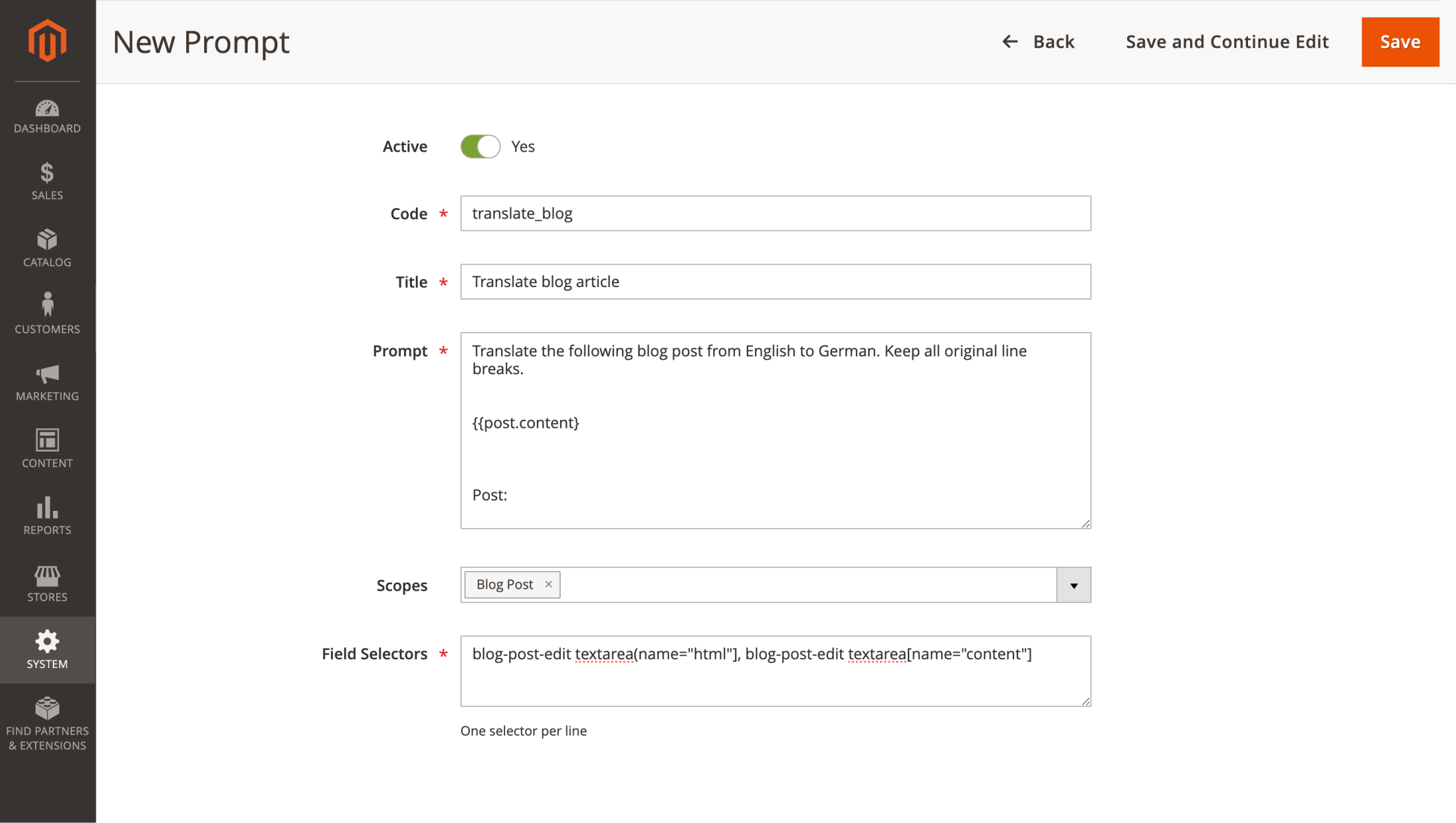 Magento AI Assistant new prompt example