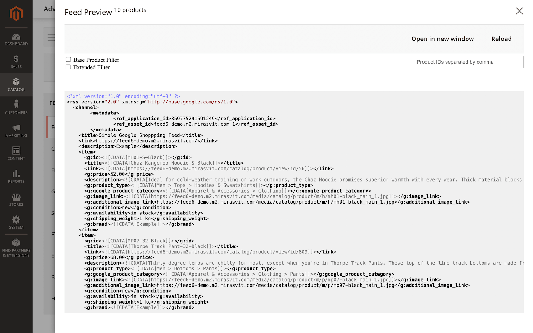 Filter support in product feed preview