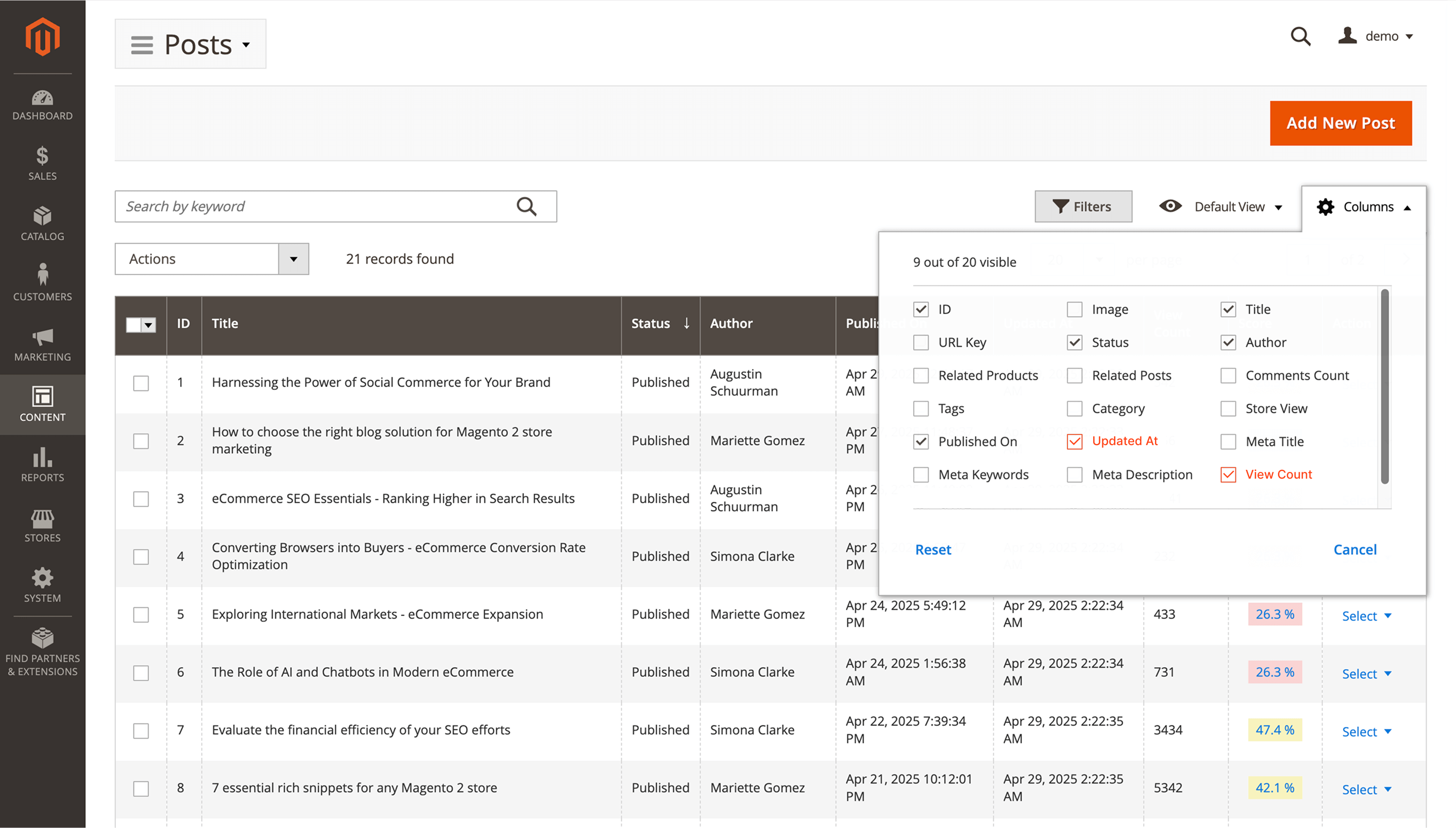 New Updated At and View Count columns for blog posts settings