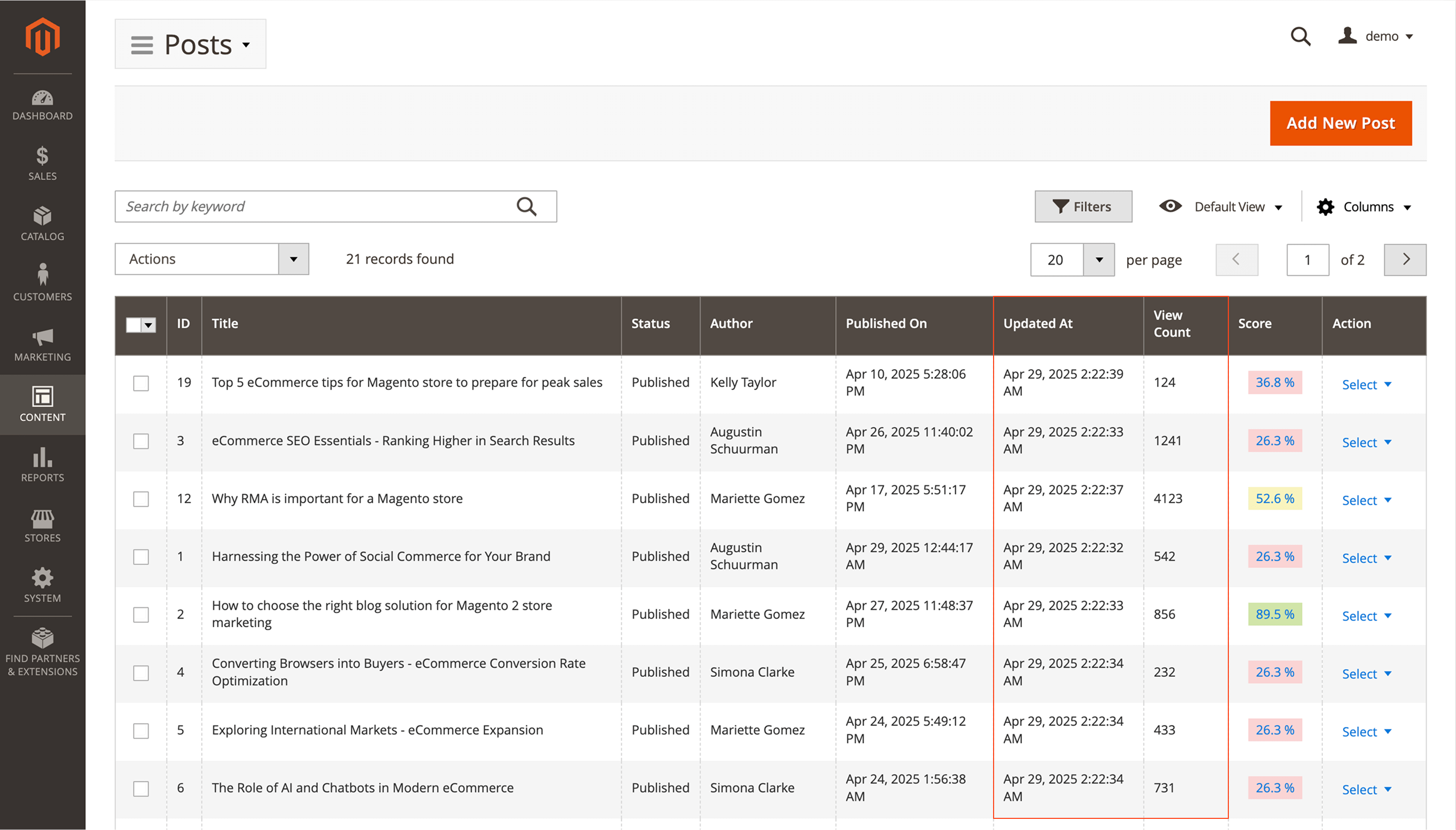 New Updated At and View Count columns for blog posts