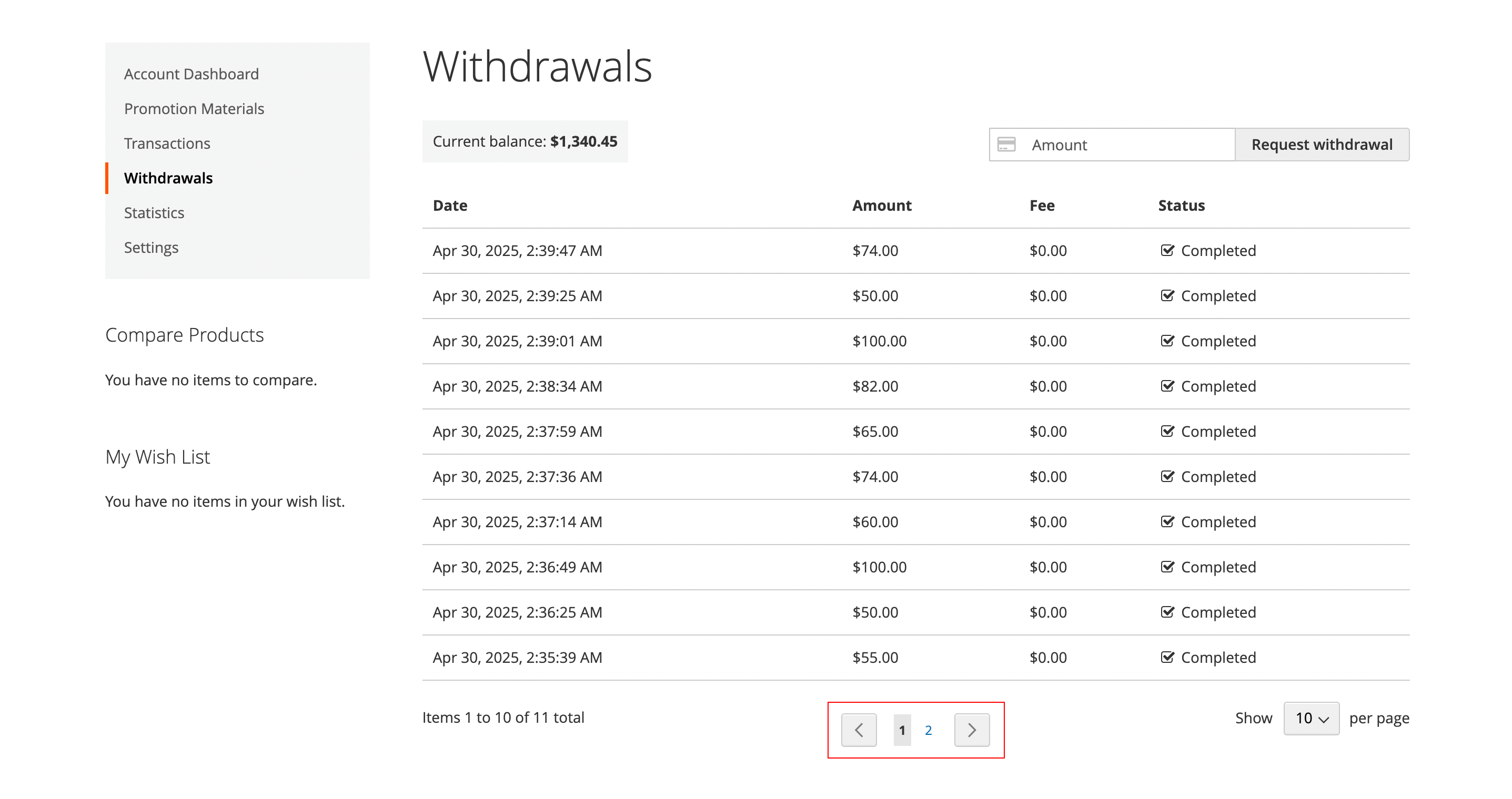Pagination for affiliate withdrawal history