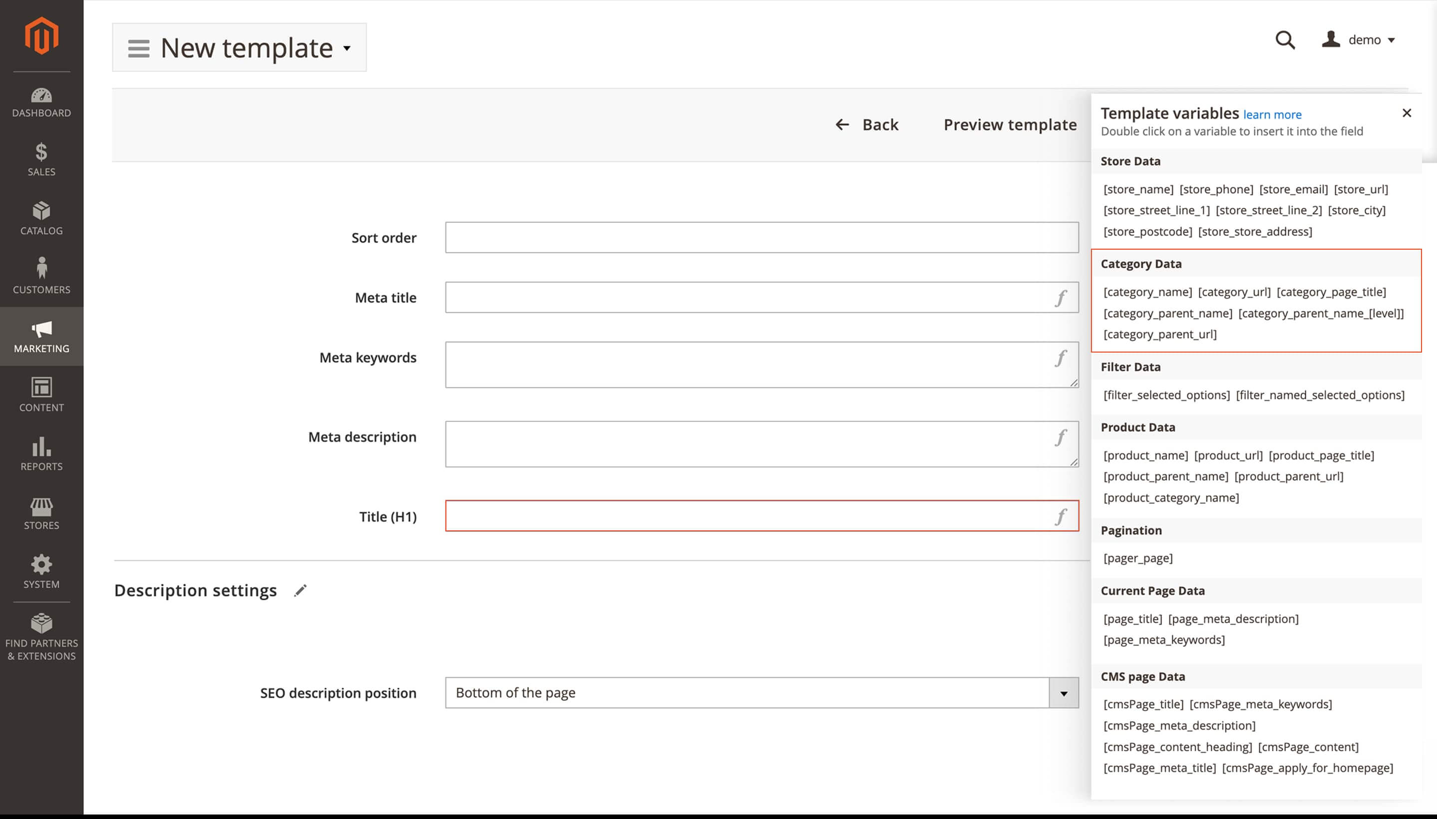 Variables for creating a category template