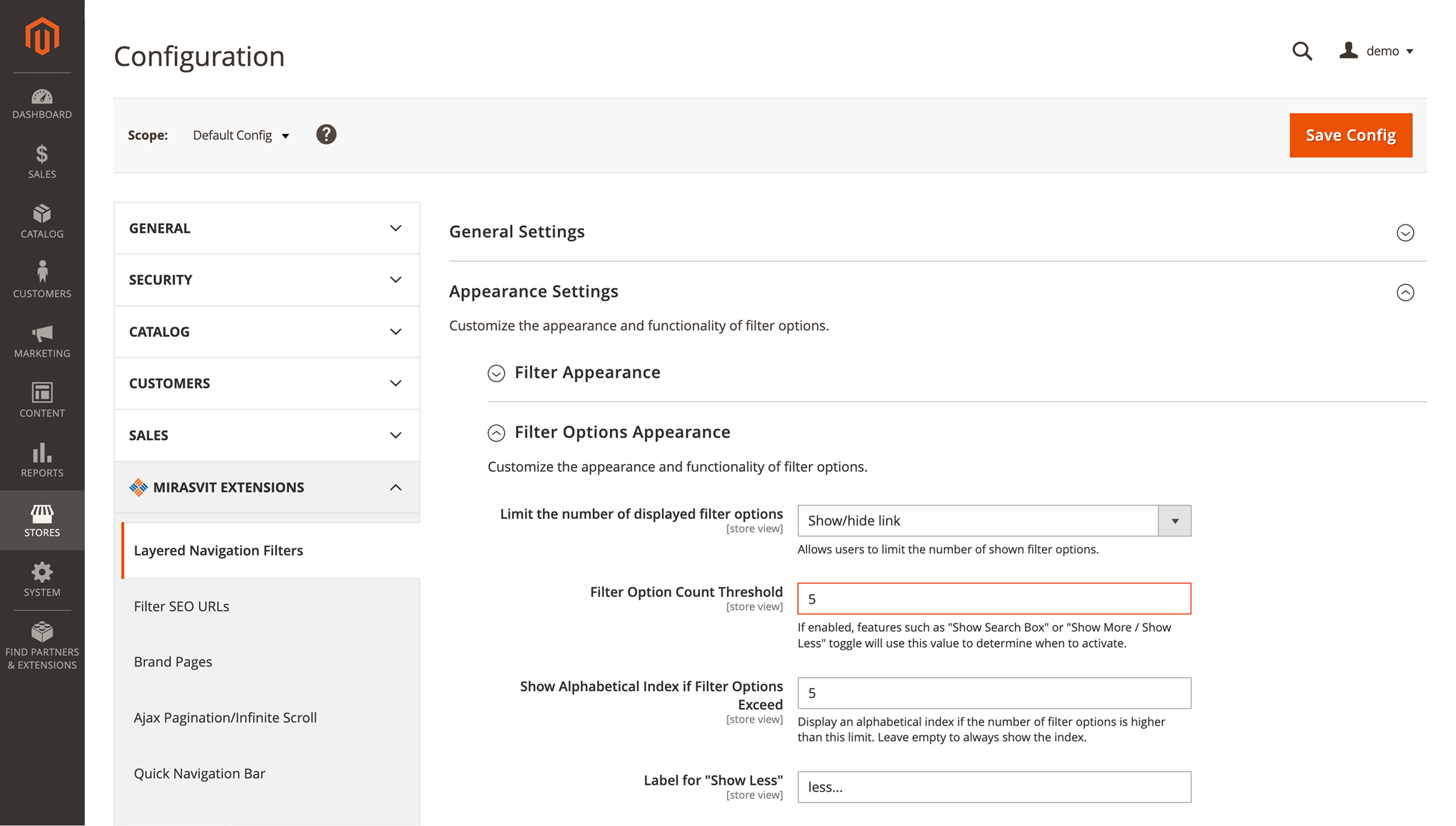 Layered Navigation filter option count threshold field