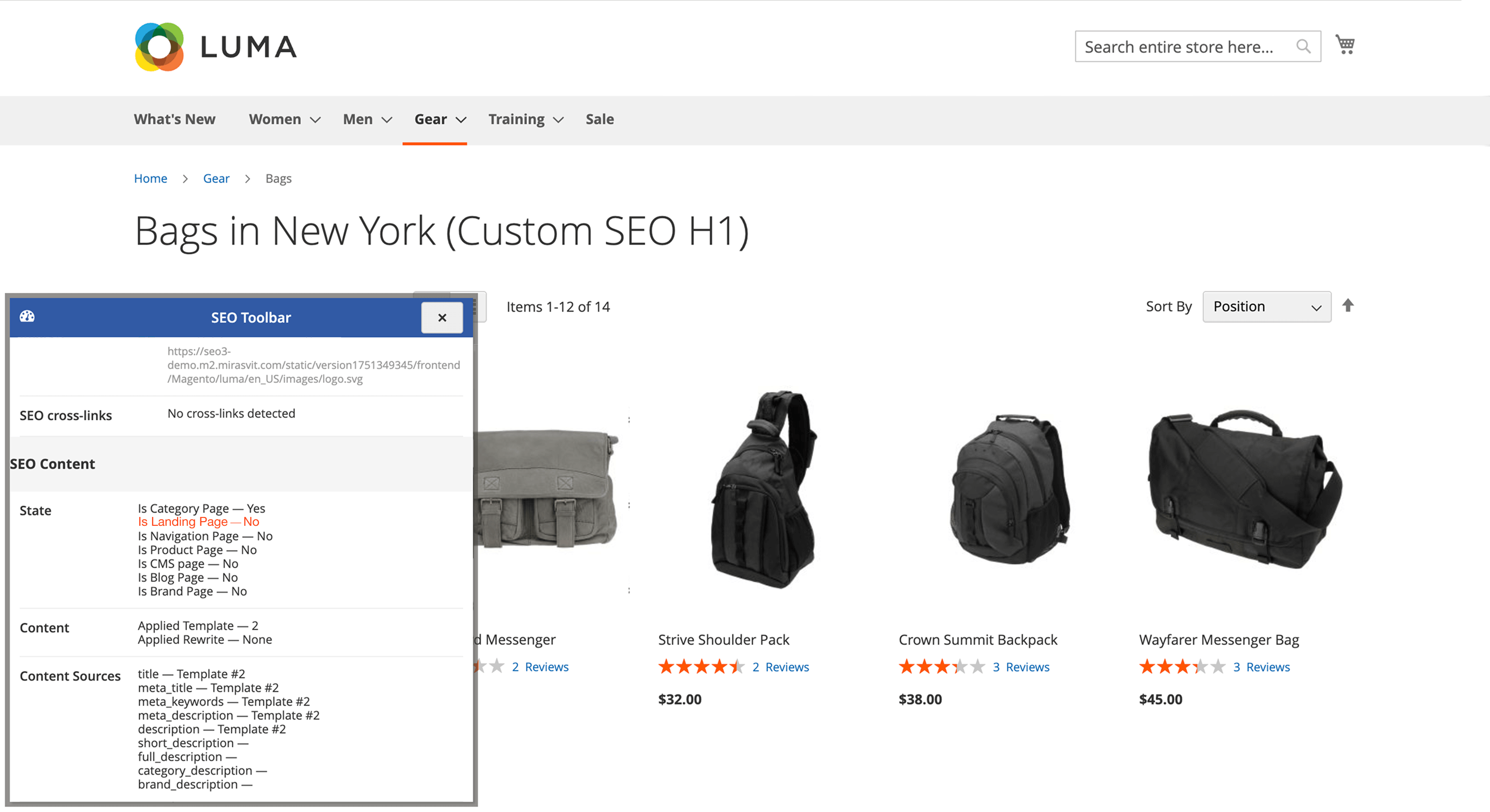 Mirasvit SEO landing page status in SEO Toolbar