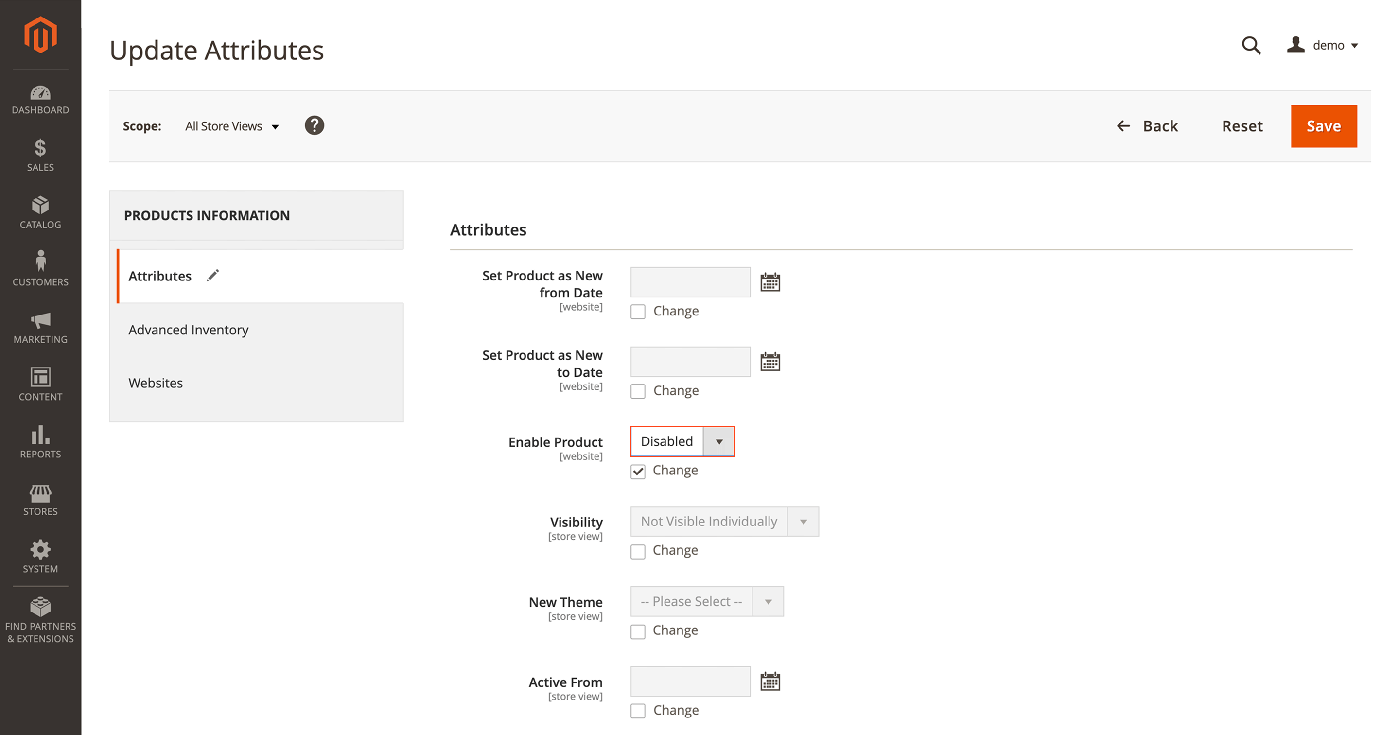 Magento 2 mass product update attributes page