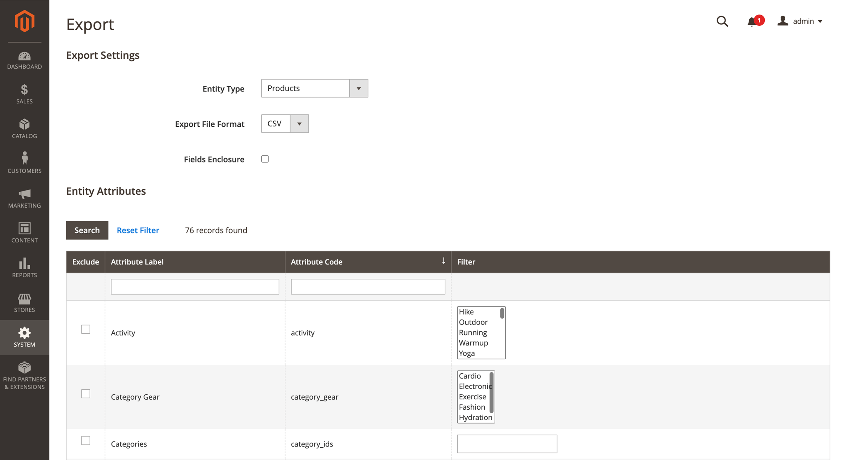 Magento 2 mass product update export settings page