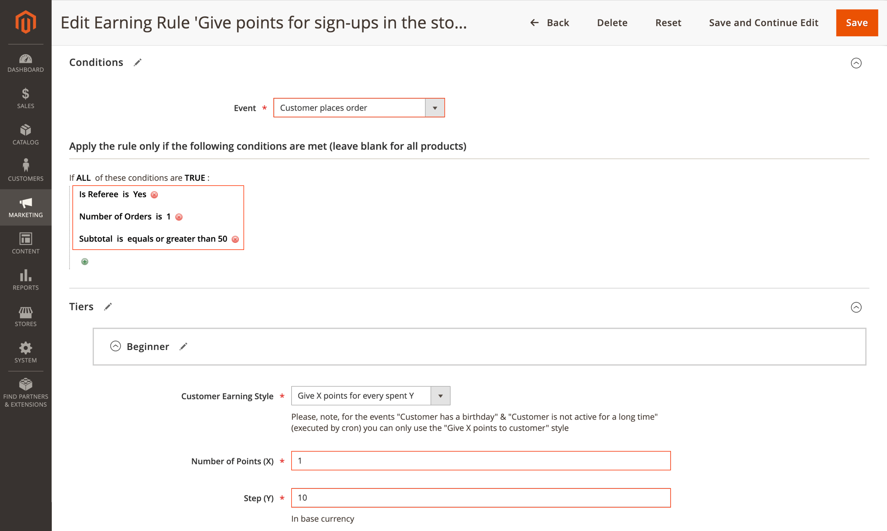 Mirasvit refer friends earning rule example with condition