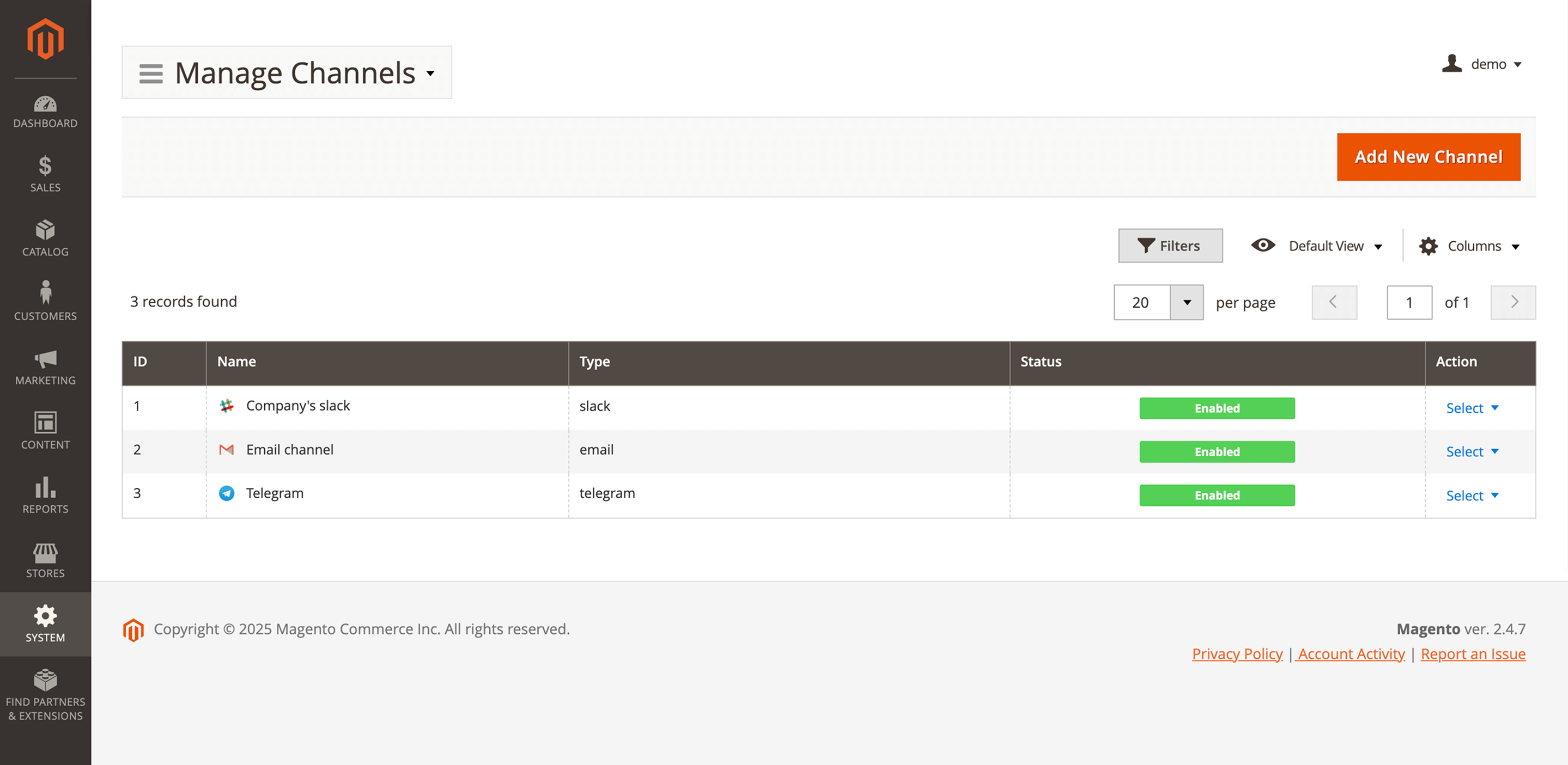 Interface showing channels list for Magento 2 push notification delivery