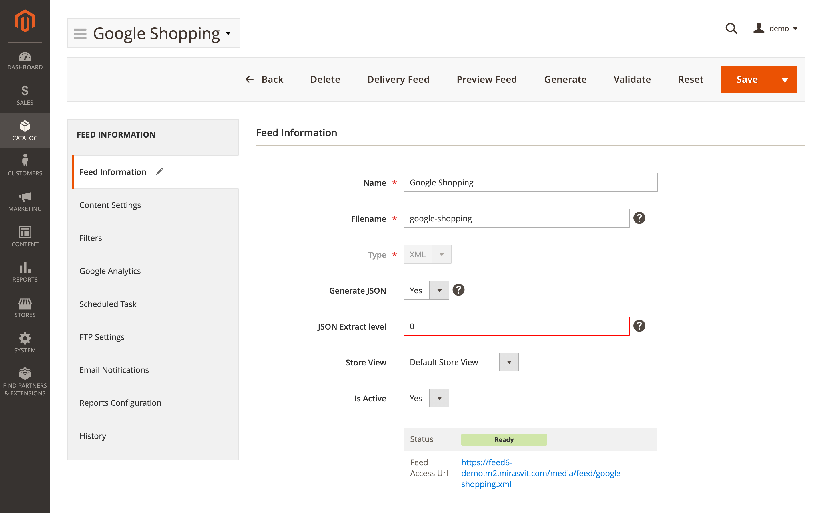 Define the Feed Data Extract Level for JSON