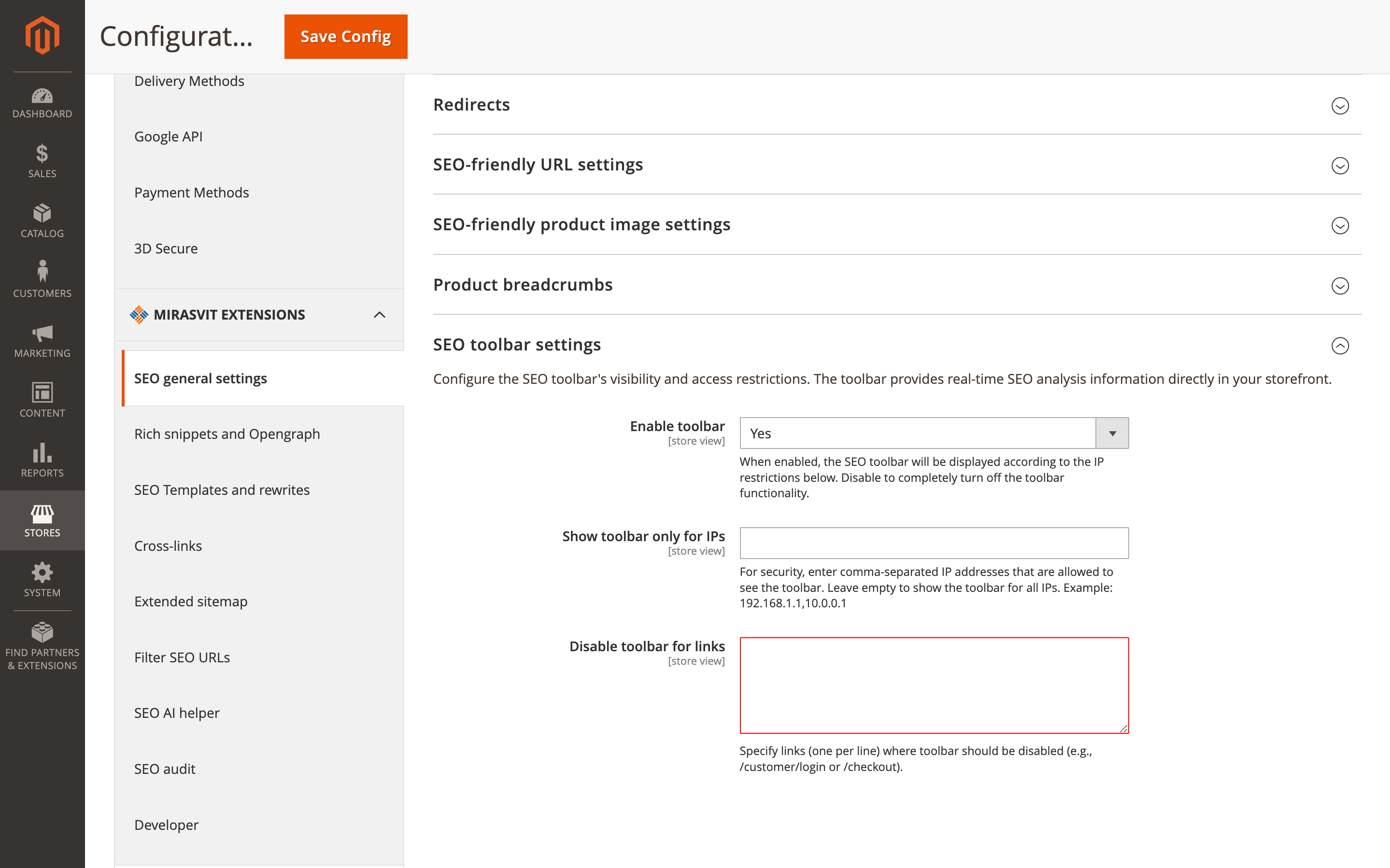 Disable toolbar for links option