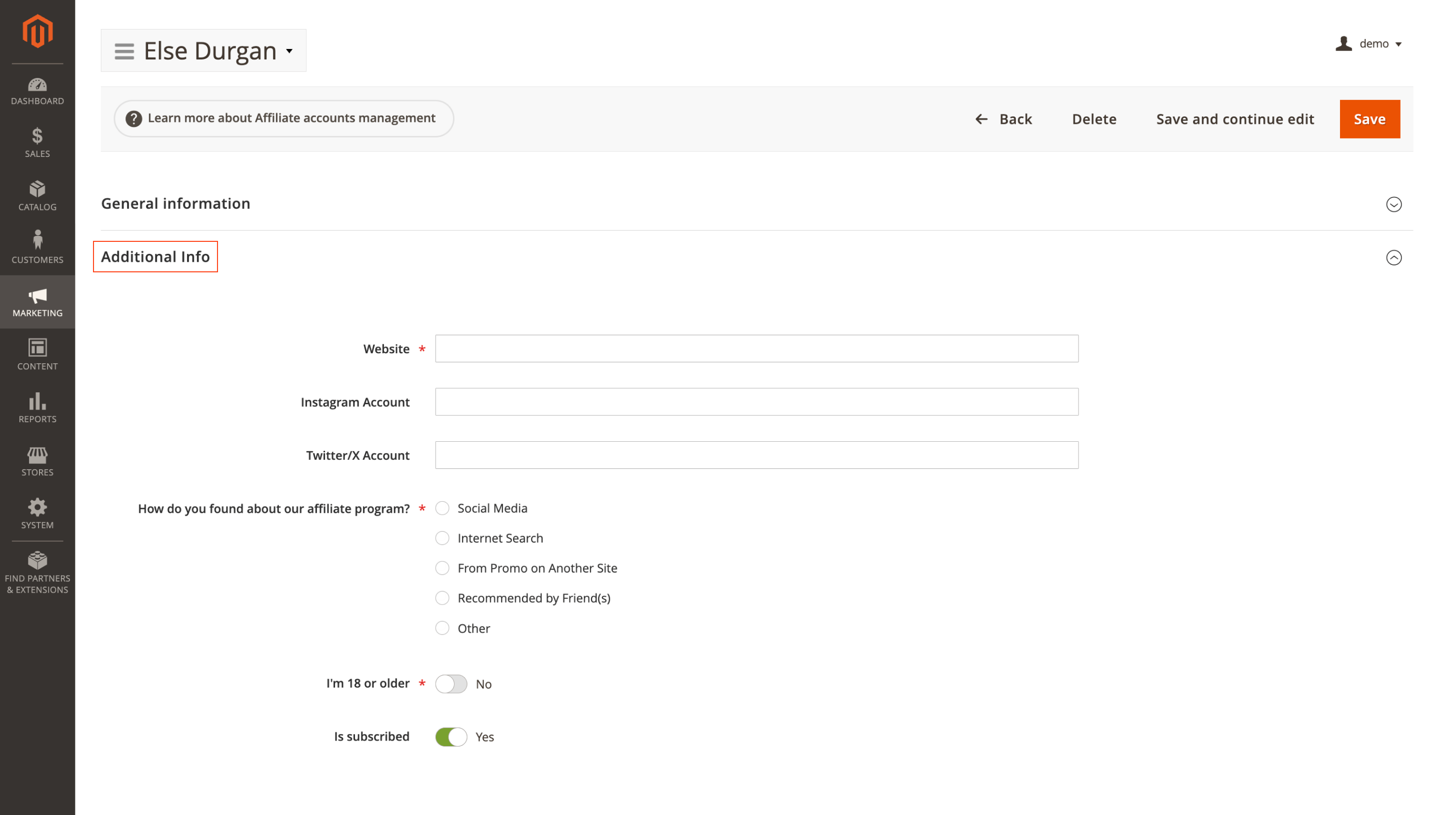 Additional Info block for extra account fields