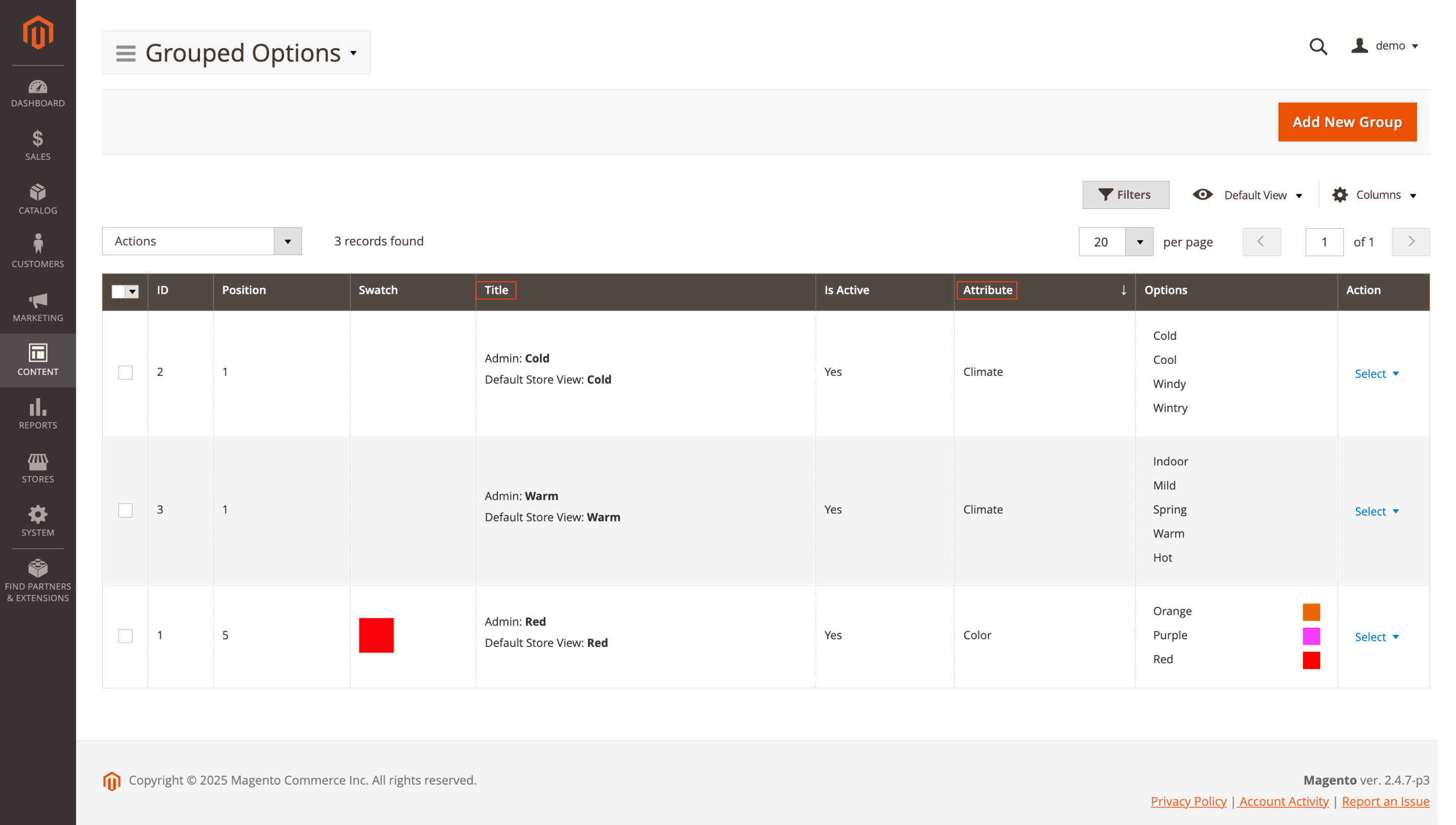 Attribute and title filters in Grouped Options grid