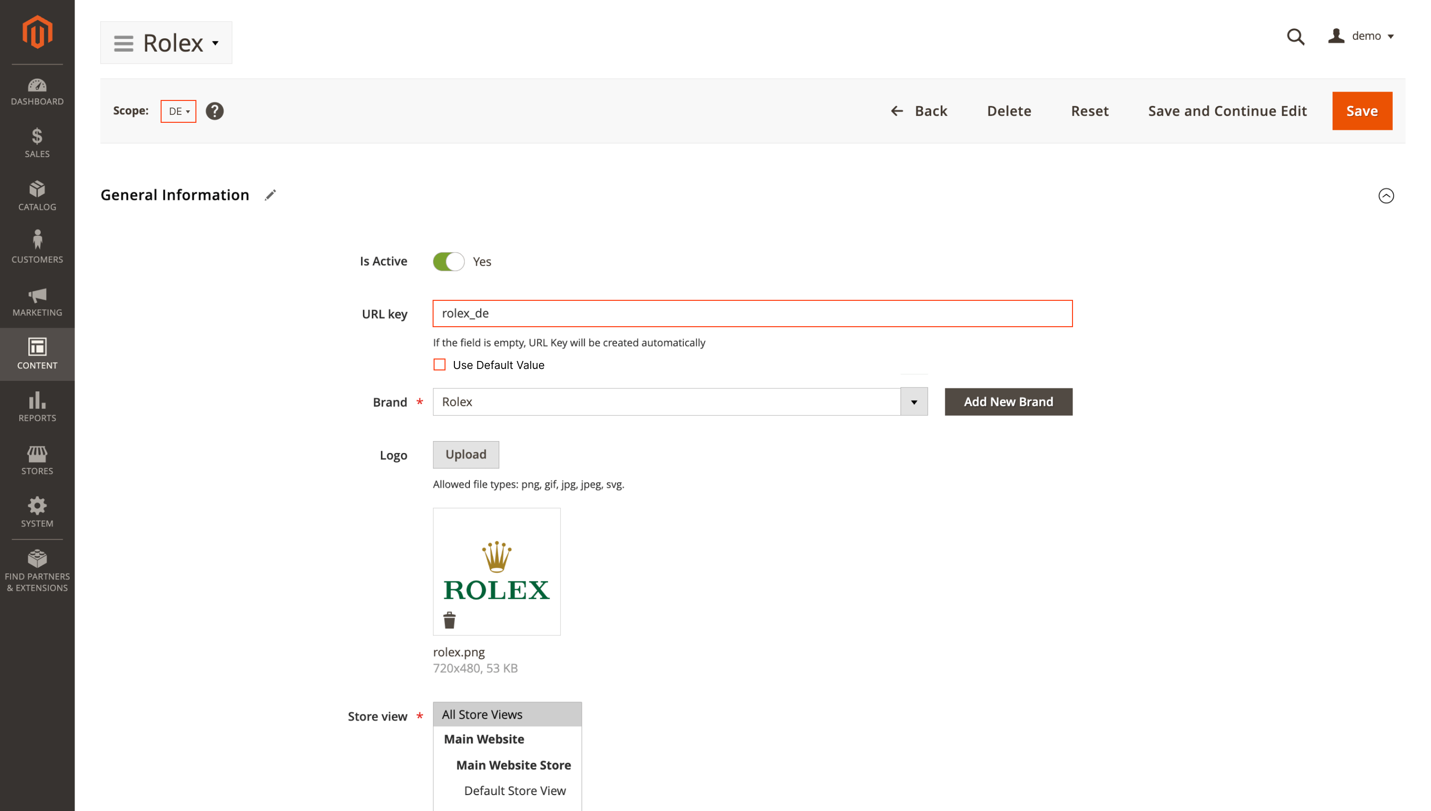 Brand page URL key per store view