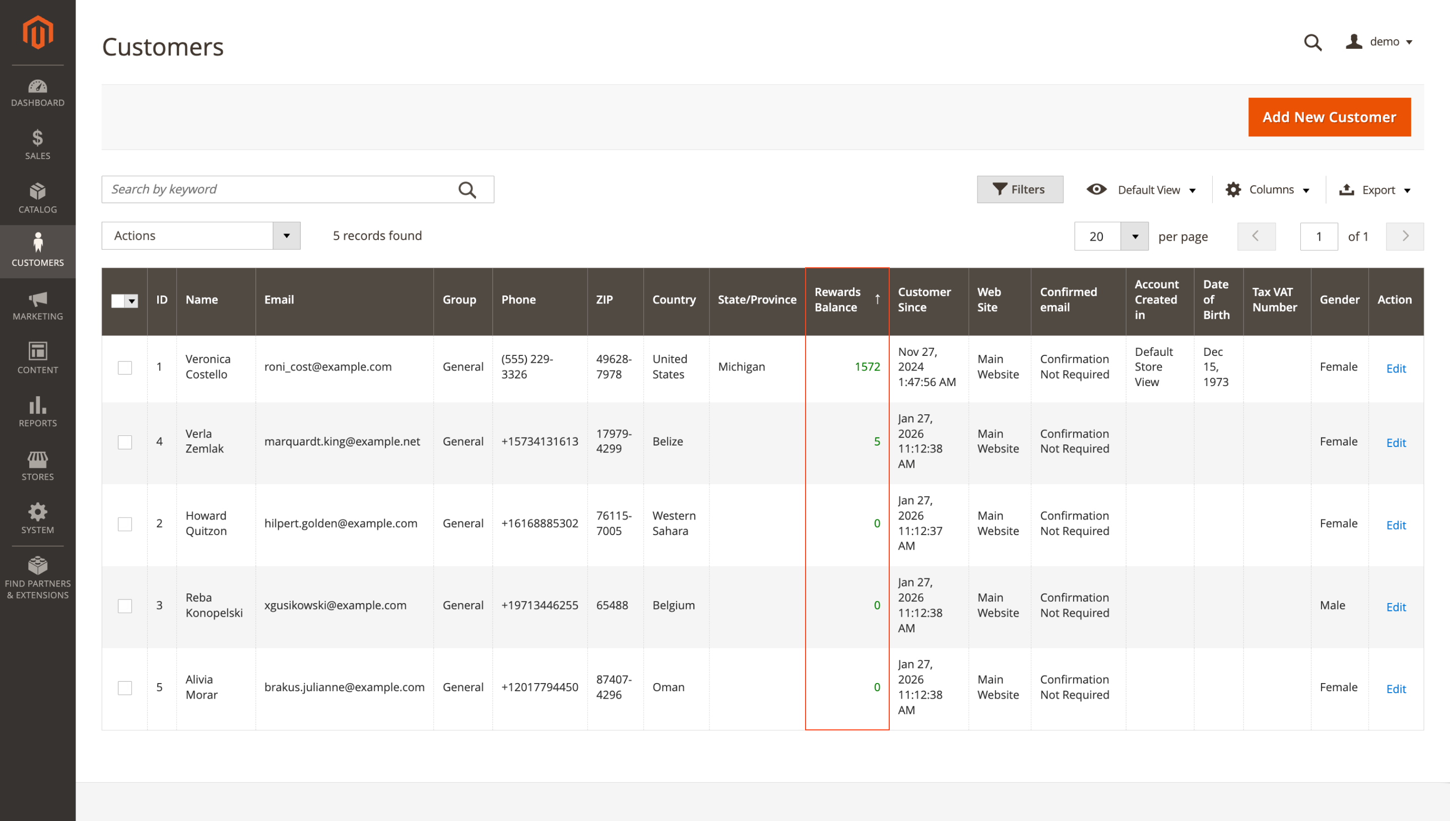 Sortable Rewards Balance column in the customer grid