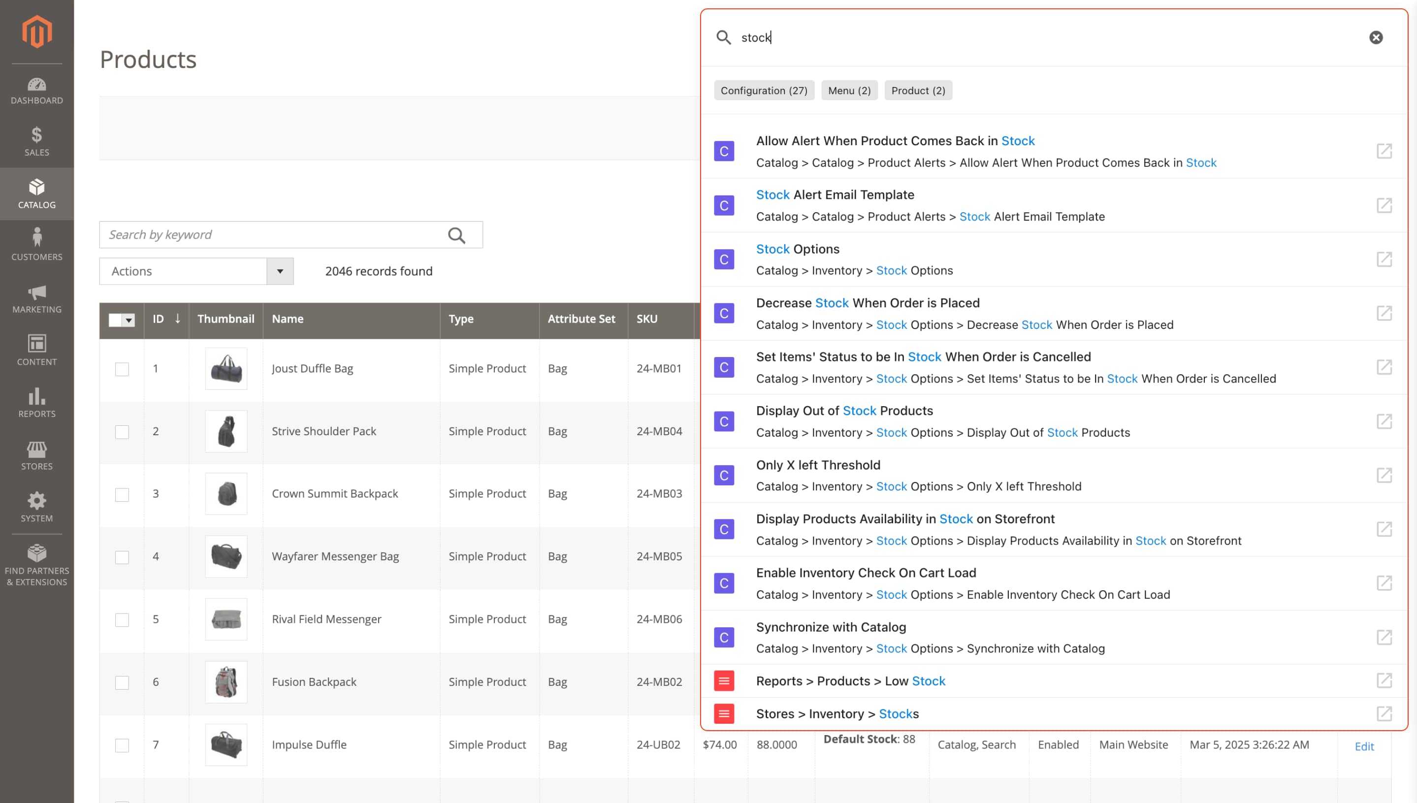 System configuration search in admin search