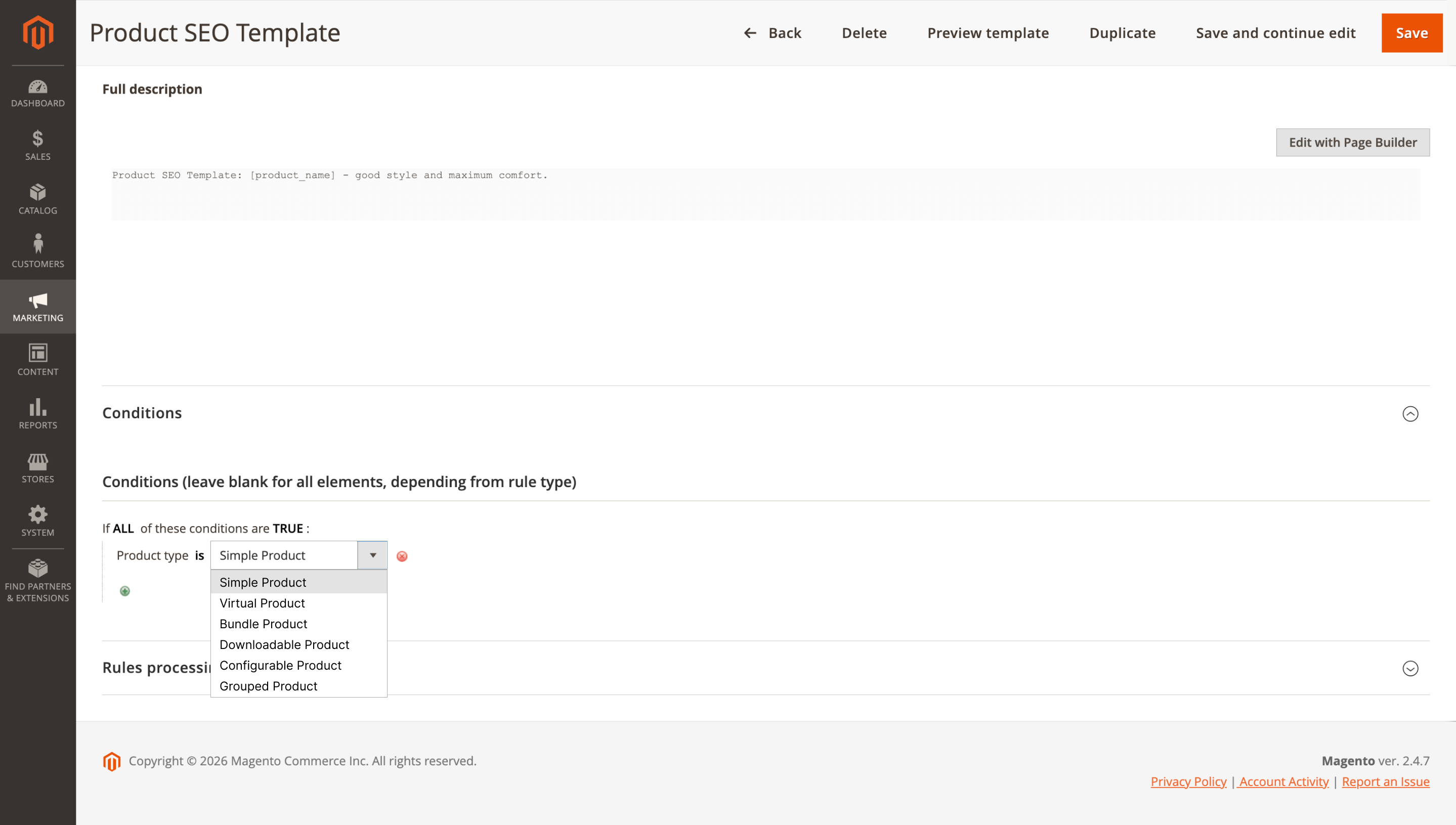 Product type condition in SEO Templates